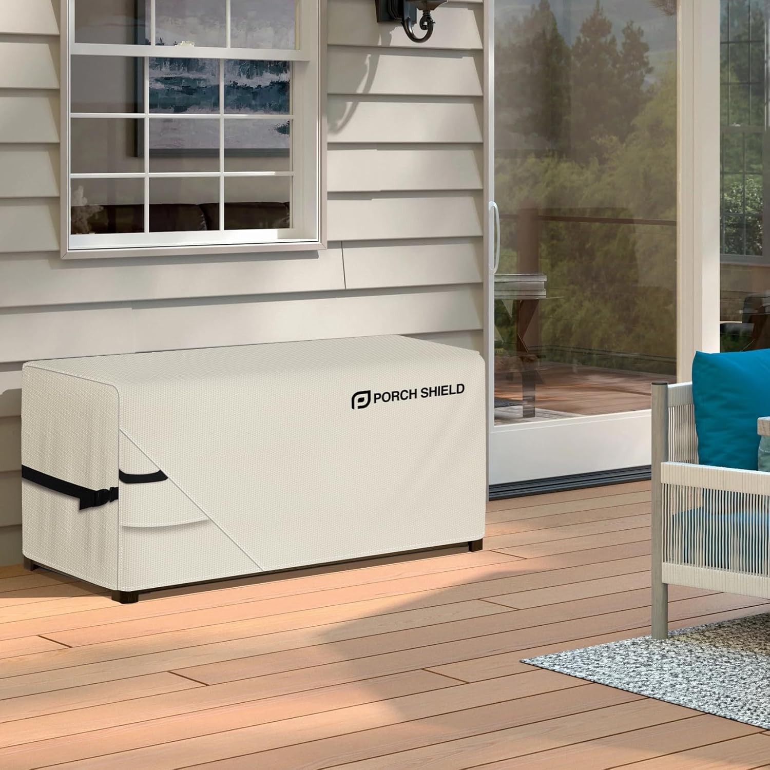 Porch Shield Patio Deck Box Storage Cover - 600D Outdoor Waterproof Cover for 73 Gallon Box Tear Resistant Rectangular Fire Pit Table Covers 44 x 28 x 24 inch Beige