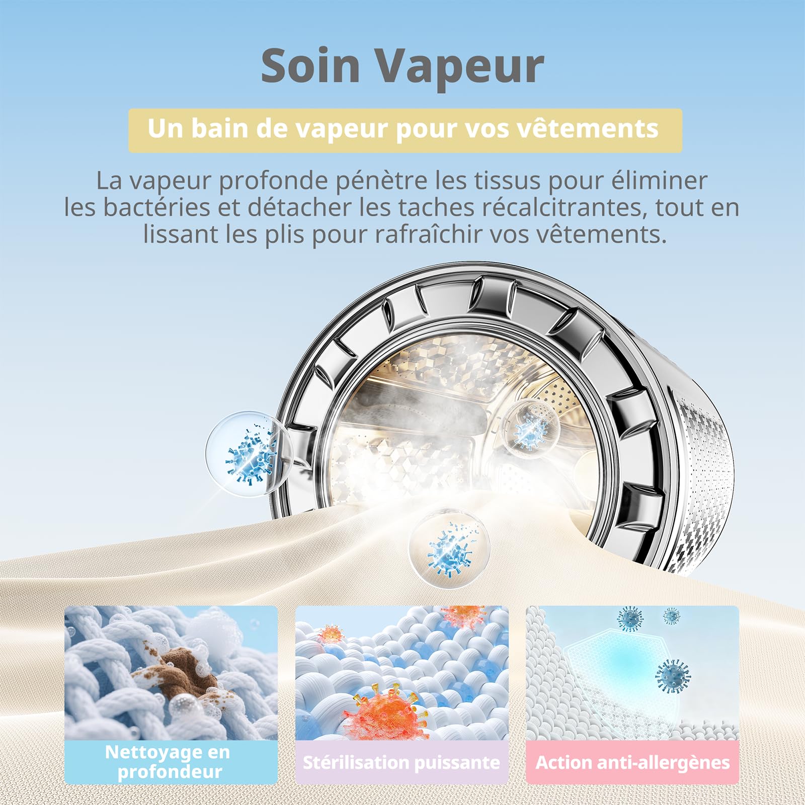 COMFEE' CFP03EW100W-FR Lave-linge autonome, Capacité 10KG, Classe A -10%, 12 programmes, Soin Vapeur, Moteur BLDC, Woolmark, Panneau Tactile, Blanc [Classe Énergétique A] [Energy Class A]