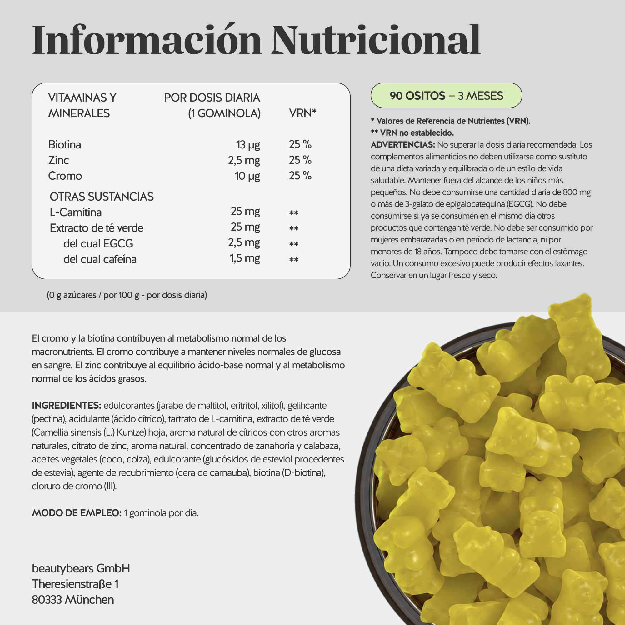 Gummies para el Metabolismo - Burn Baby Burn Shape Vitamin - Con L-Carnitina, Cromo, Extracto de Té Verde, Biotina y Zinc - 90 unidades (3 meses) - Vegano, Sin Azúcares - Bears with Benefits