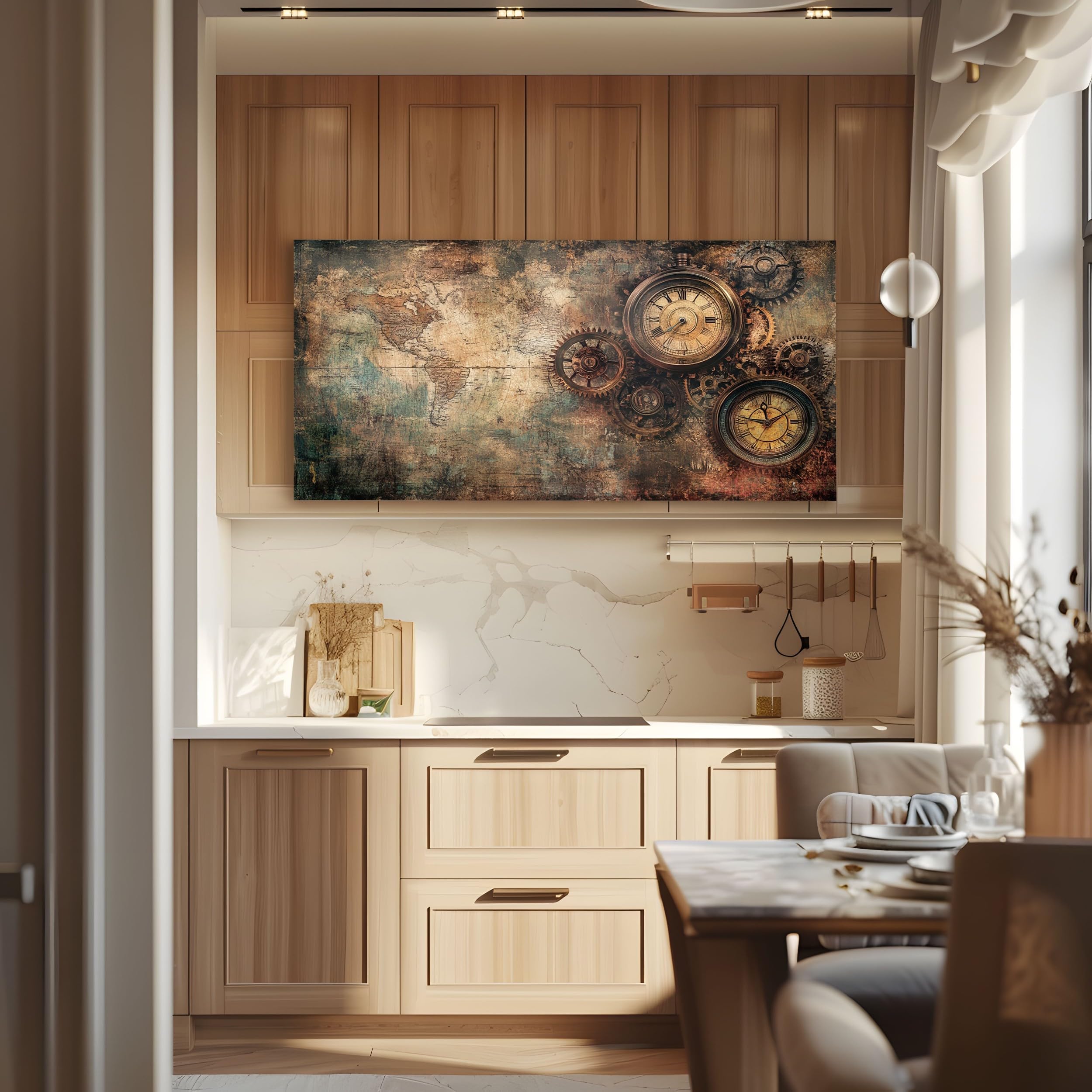 ZORYAN Bilder für die Wand Steampunk Mechanische Leinwandbilder Groß für | Schlafzimmer Nostalgische Karte Wandbild für Wohnzimmer, XXL Kunstdruck auf Leinwand Retro Uhr 80x160cm Wanddeko Kunst