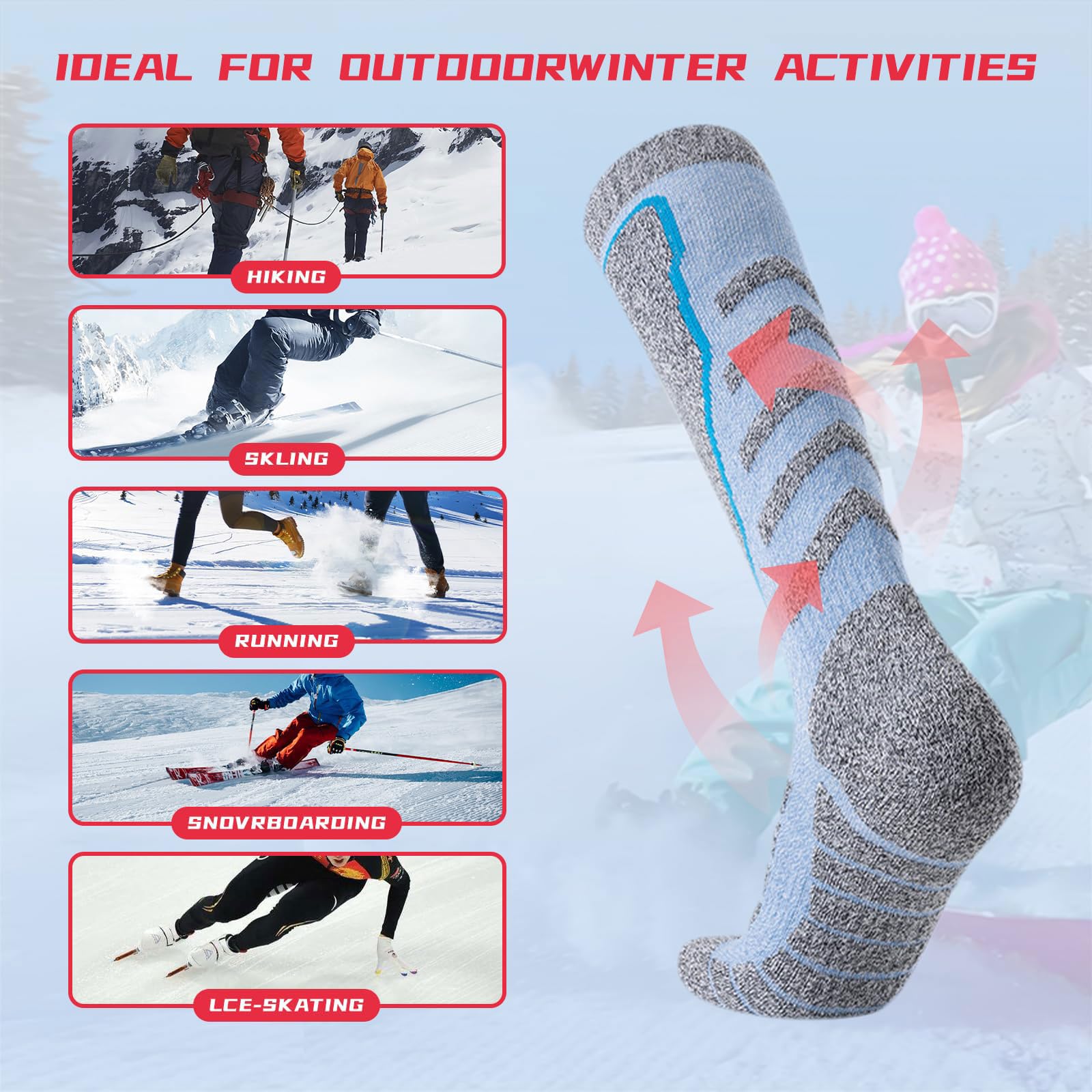 4 Paia Calzini da Sci in Lana Merino per Uomo e Donna Traspiranti Asciugatura Calze Termiche al Ginocchio Assorbimento umidità Ideali per Trekking,Ciclismo,Snowboard,Sport Invernali