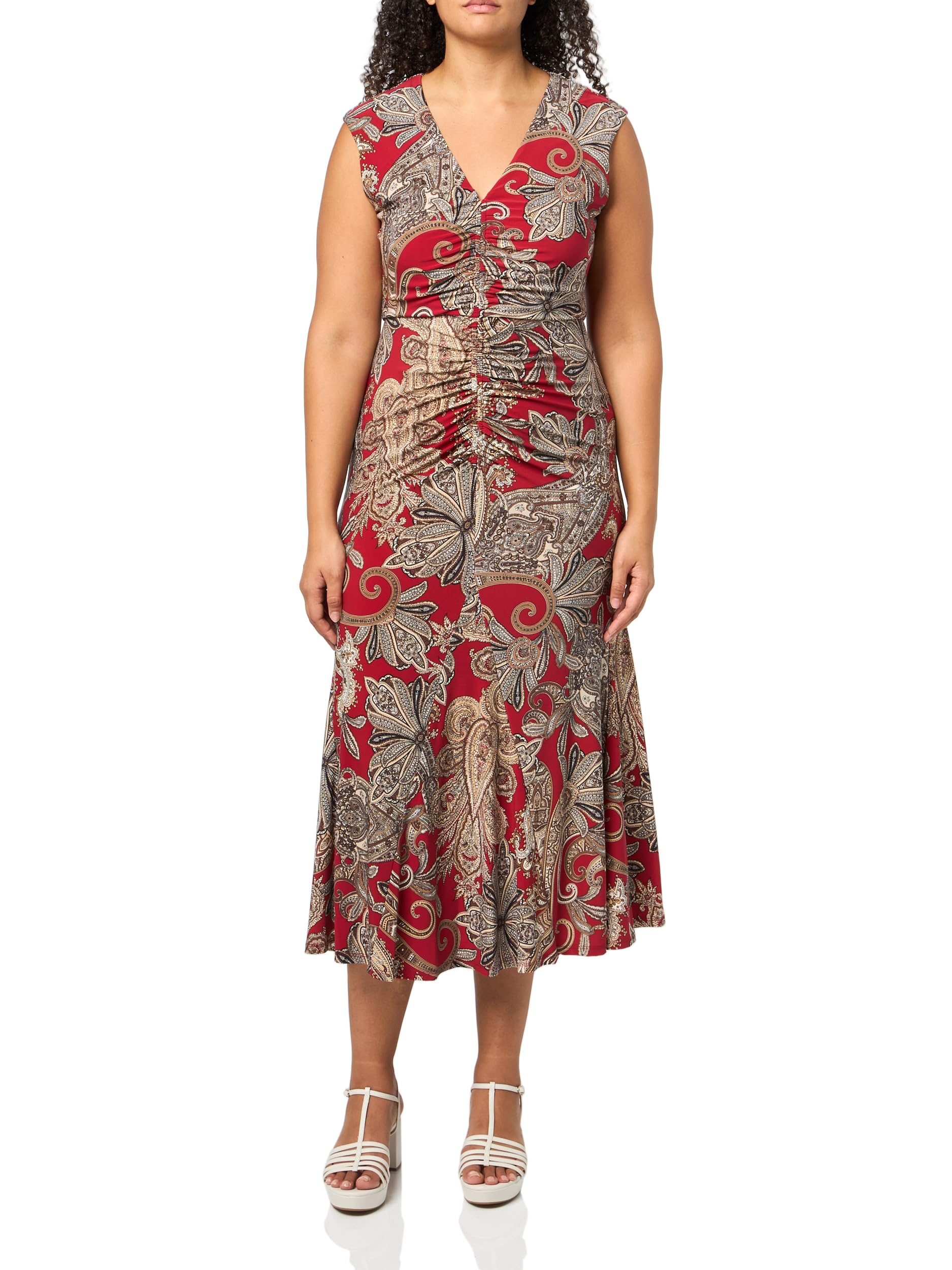 Women's Cap Sleeve V Neck Paisley Print Center Rouche Maxi Dress