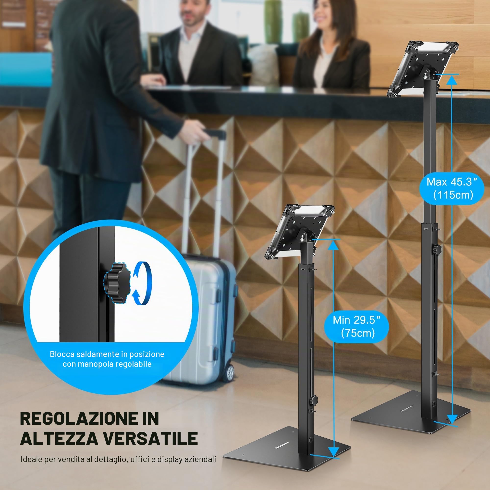 AboveTEK Supporto Sicurezza iPad, Supporto Tablet POS Antifurto Negozi, Regolabile Altezza, Girevole 360°, Per iPad 9,7"-13"