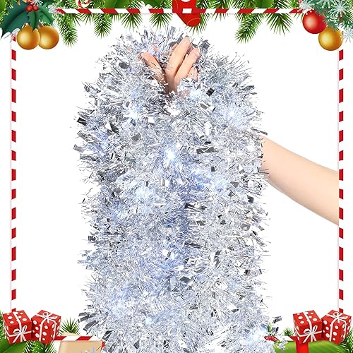 Miniatura 16 de Kingdder Guirnalda de oropel de Navidad de 16.4 pies iluminada metálica para decoración de árbol, funciona con pilas, 50 luces LED, guirnalda