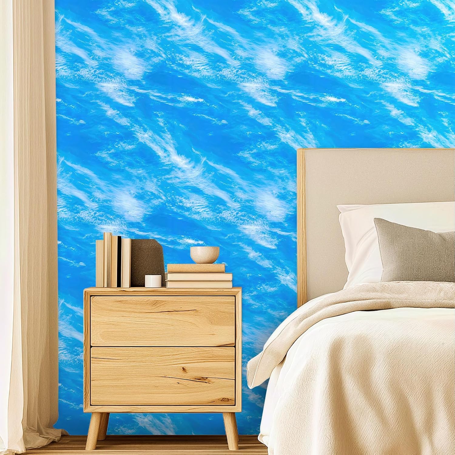 Blue Sky Peel and Stick Wallpaper, Cloud-Inspired Watercolor Self-Adhesive Vinyl Wallpaper for Home Decor – 17.7" x 118"