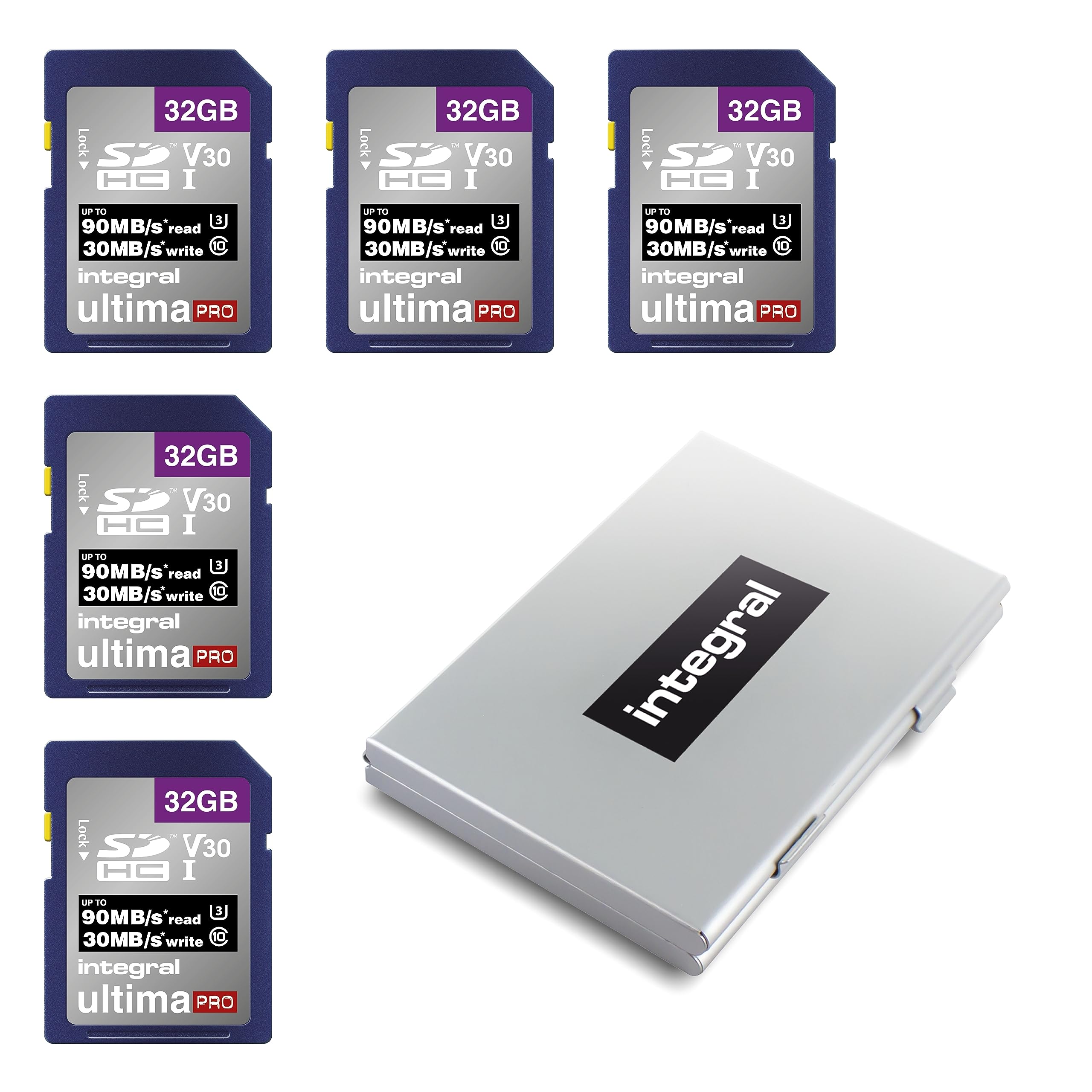 Integral SD KarteB mit 6 Slot SD Kartenhalter Metall - 4K Ultra-HD Video Premium High Speed 90MB/s Lesen und 30MB/s Schreiben - SDHC V30 UHS-I U3 Class 10 SD Speicherkarte 5 Pack 32G