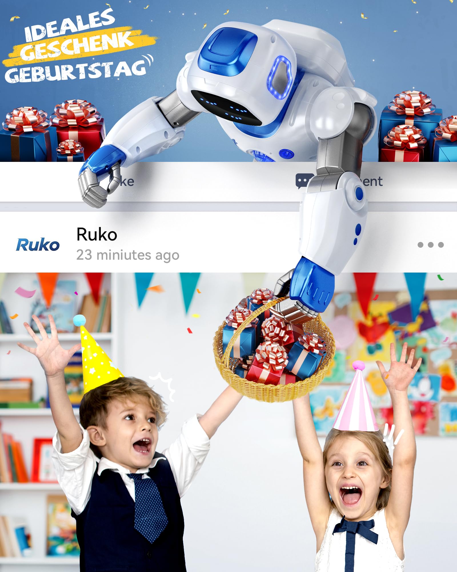 Ruko 1088 Intelligenter Roboter für Kinder, Großer programmierbarer interaktiver RC-Roboter mit Sprachsteuerung und App-Steuerung, Roboter Spielzeug für Kinder von 4–9 Jahren, Blau