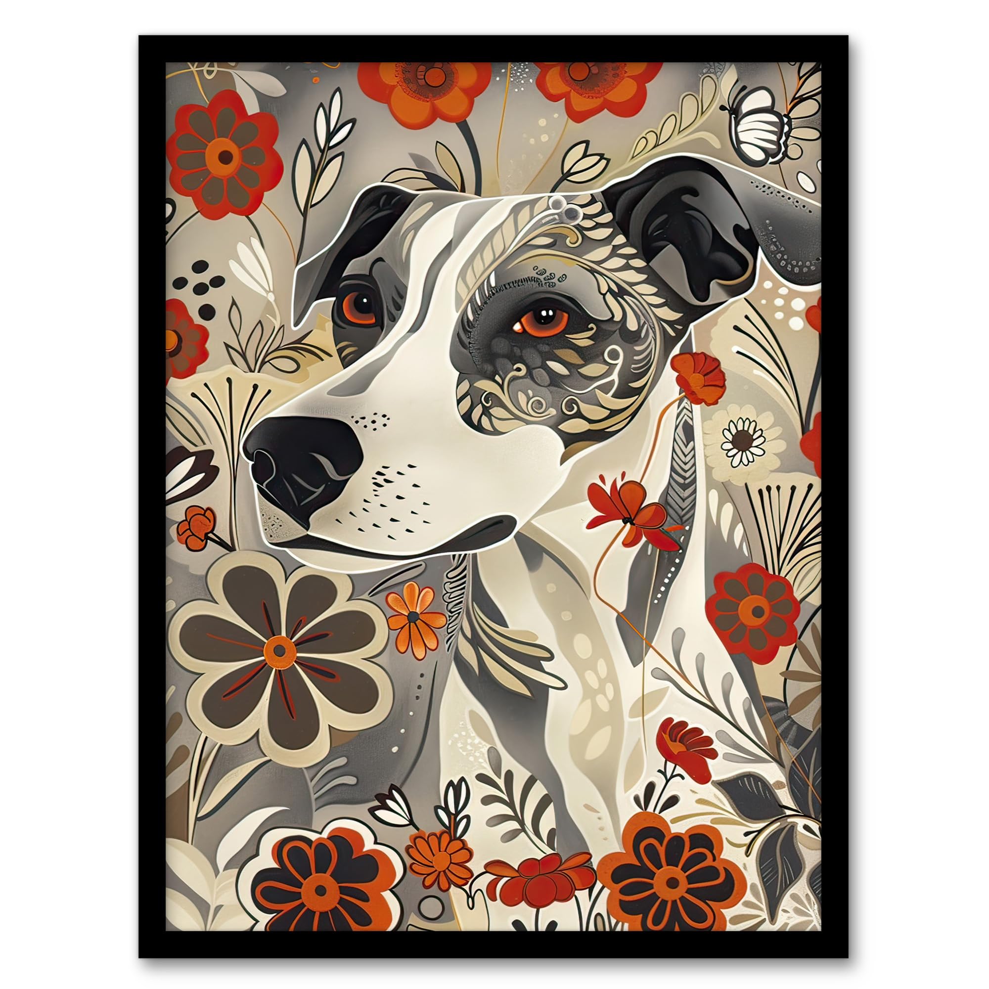 Jack Russell Terrier Floral Dog Lover Pet Portrait Framed Art Print - Artery8 - A4 Size - Grey