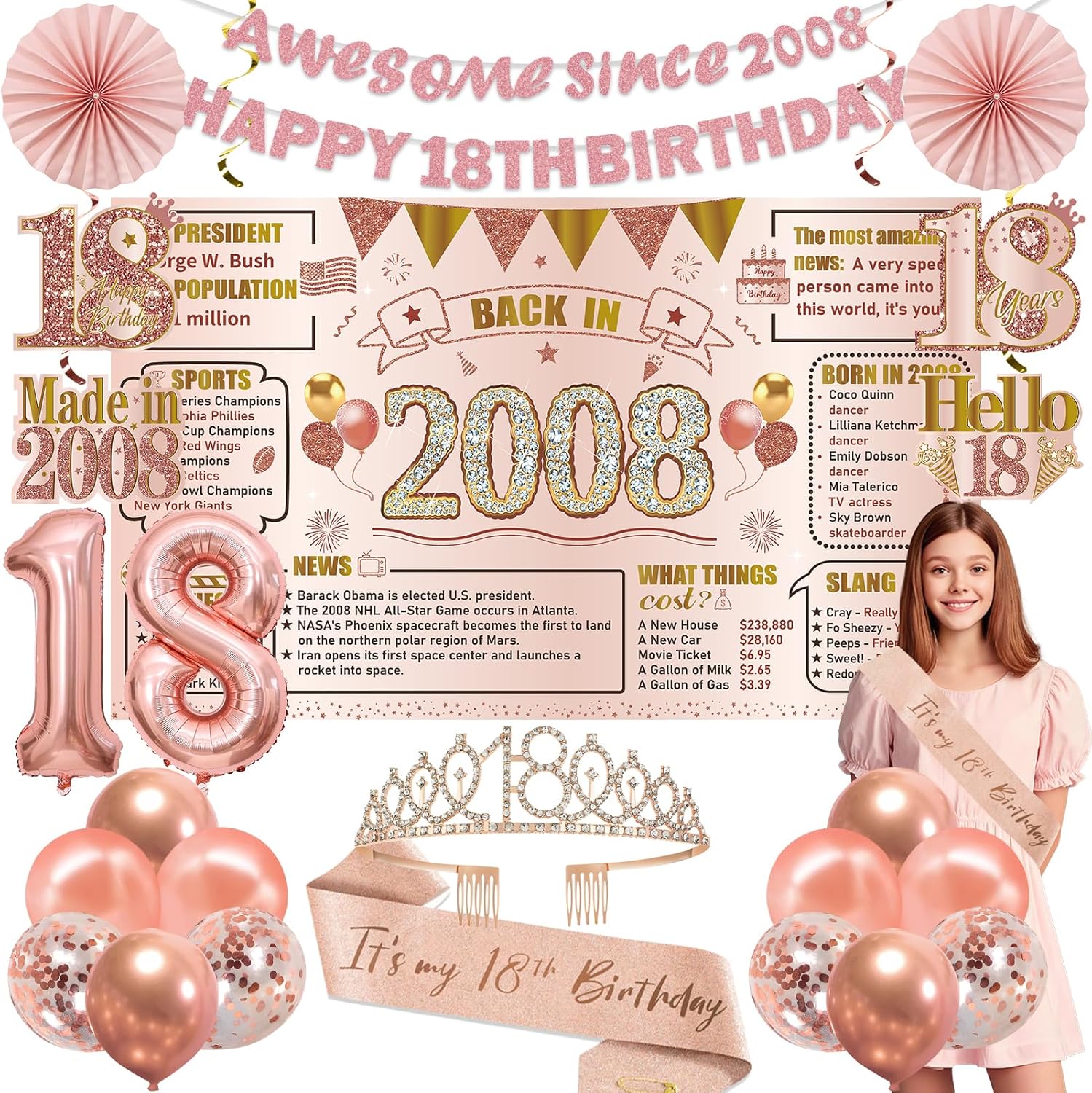 Zirtorei 18th Birthday Decorations Kit for Girls Women, 22pcs Pink Rose Gold Happy 18th Birthday Balloons Banner Party Supplies, Awesome Since 2008 18 Year Bday Crown Sash Hanging Swirls Gifts