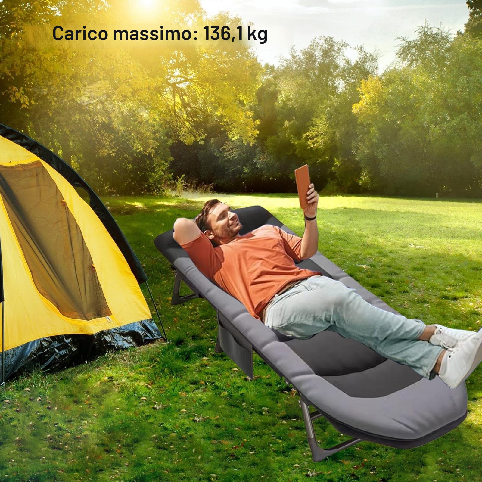 Lettino da campeggio pieghevole, 190 x 60 x 30 cm, fino a 300 ibs, con tasca, pieghevole, letto da campeggio regolabile in 6 posizioni, sedia a sdraio per balcone e giardino (Nero) (Nero)