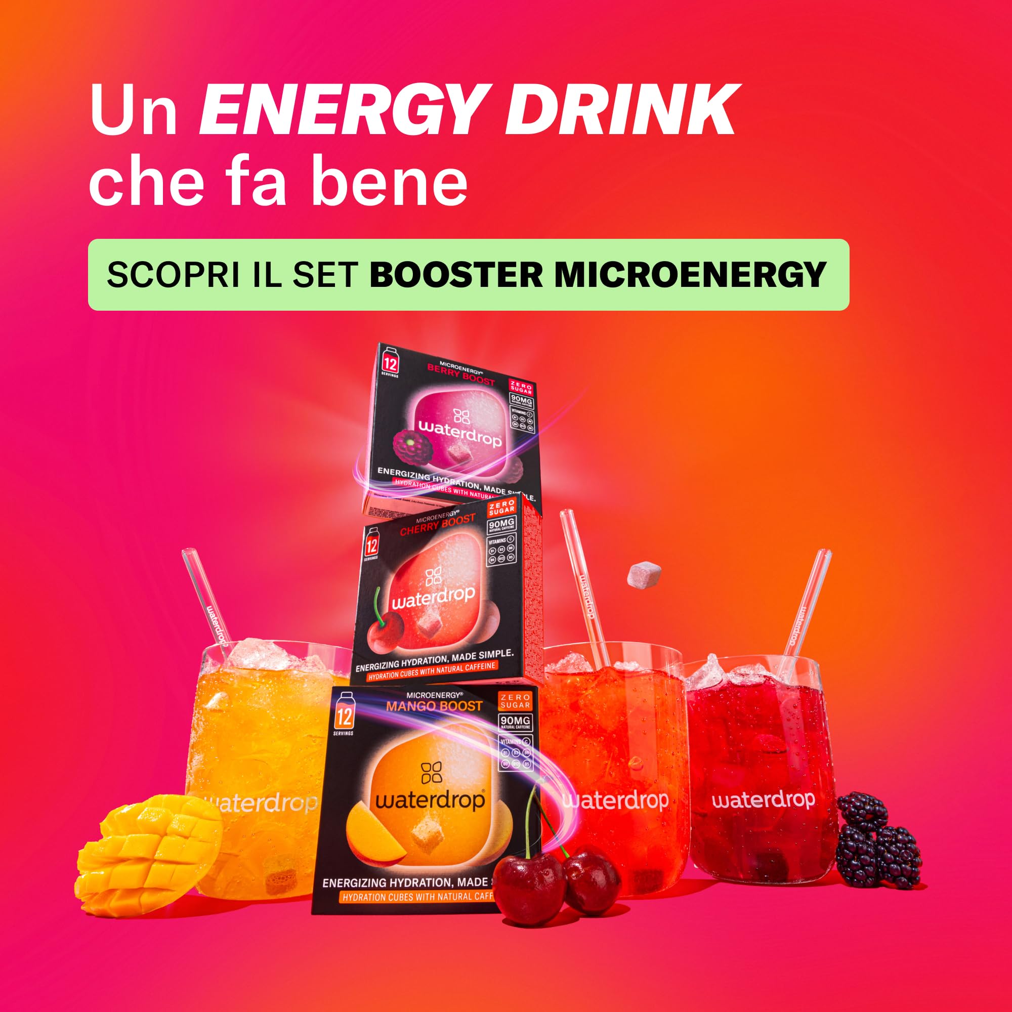 waterdrop® Energy Drink, 90mg Caffeina Naturale con Vitamina B, 36 cubetti per acqua - Zero Zuccheri e poche Calorie - Bevanda energetica al gusto di frutti di bosco, mango e ciliegia - preworkout