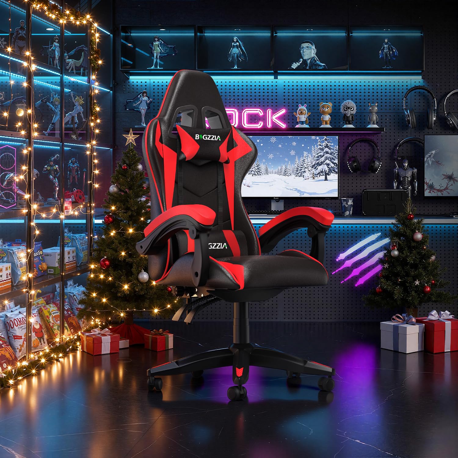 bigzzia Silla Gaming,Silla Ergonómica de Oficina en Cuero PU,Regulable en Altura con Soporte Lumbar y Reposacabezas,Respaldo Reclinable 155°,Silla Gamer Adulto Niño(Verde) (Red)