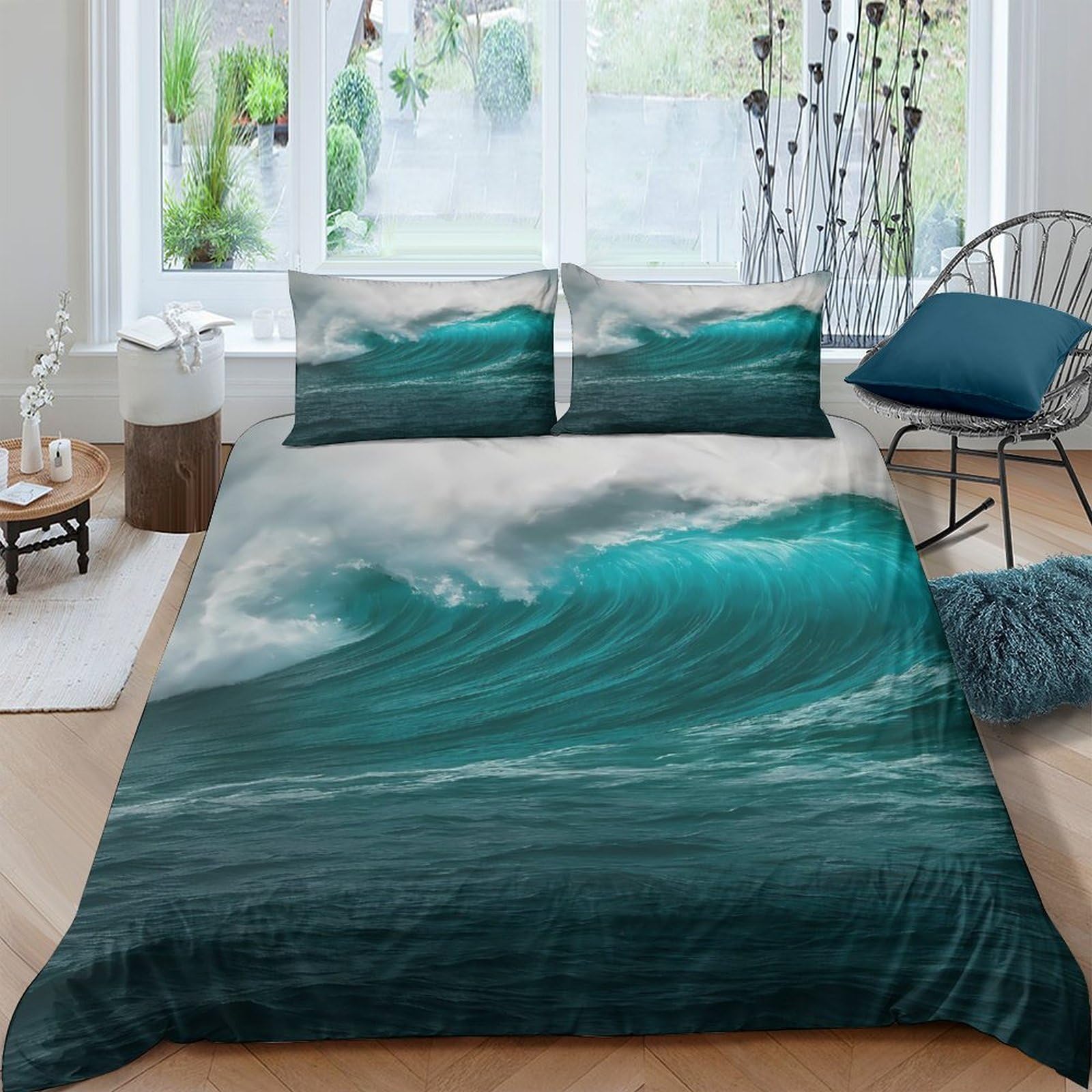 GPLZQXKJNH 3D Printed Ocean Wave Duvet Cover Microfiber Soft Breathable Sea Surf Bedding Set with 2 Pillowcases for Bedroom Decor 110 Single（135x200cm）