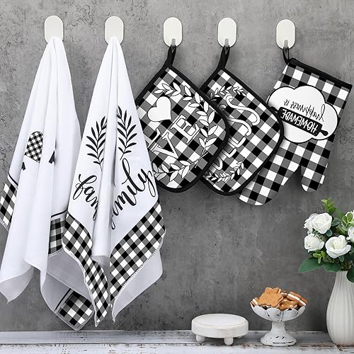 Miniatura 4 de Juego de 5 toallas de cocina a cuadros de búfalo, guantes de horno y soporte para ollas, toallas de cocina en blanco y negro, guantes de horno y