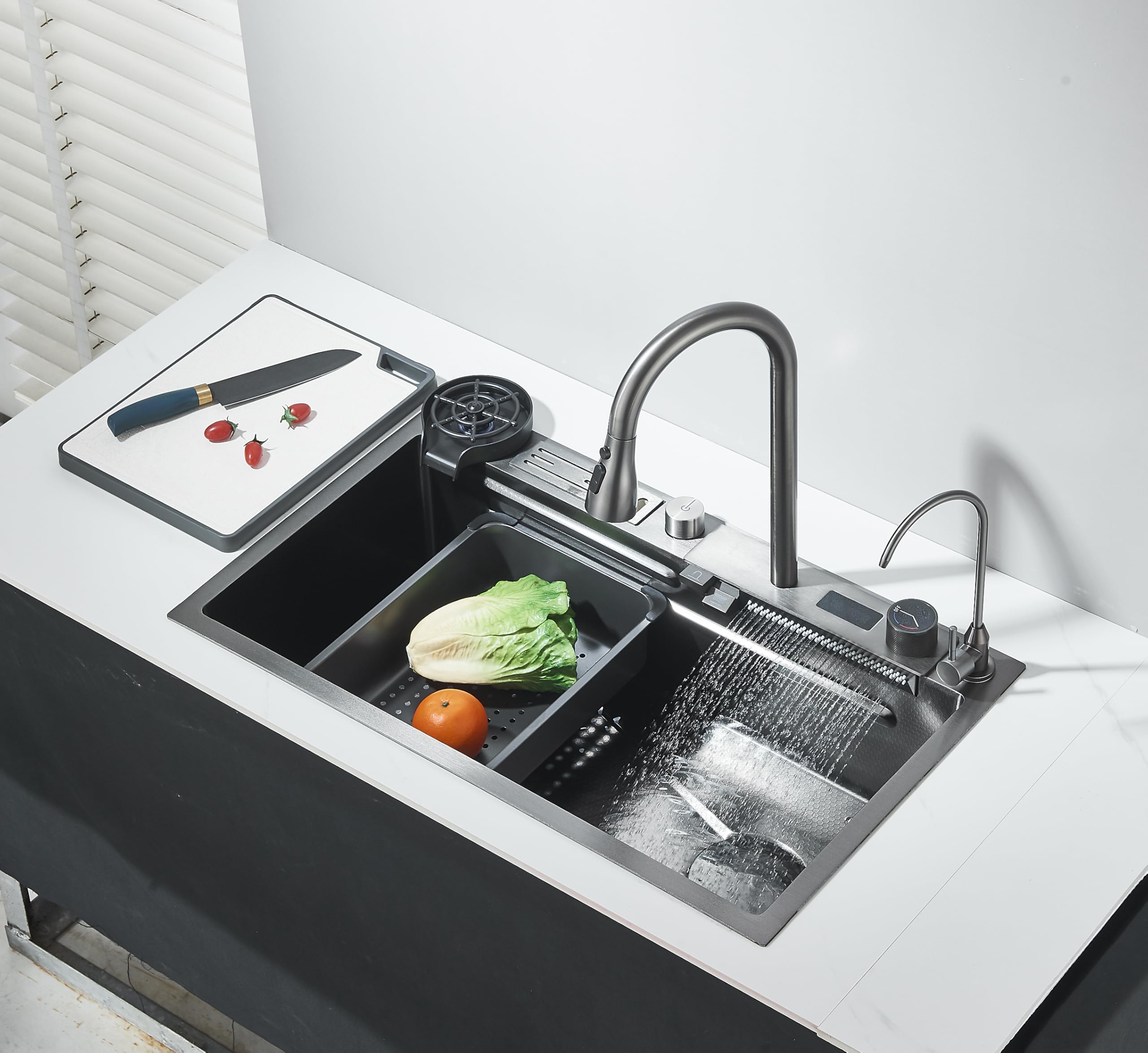 Evier de cuisine Noir Acier inoxydable Evier de cuisine avec Robinet Extensible Set de Robinetterie Machine à Laver Les Tasses Planche à découper Eau Pure Affichage de La Température