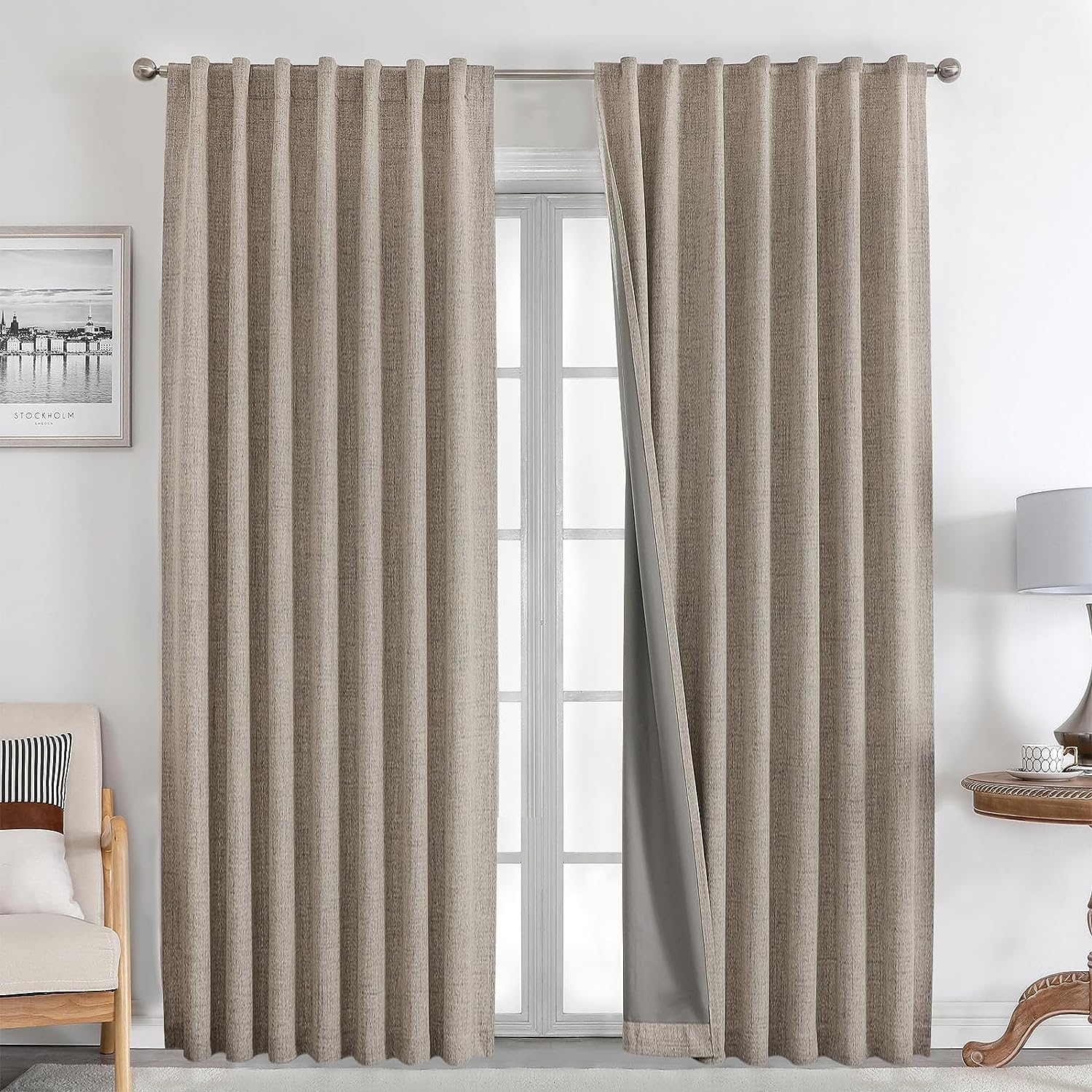 Joydeco 100% Blackout Curtains, 2 Pieces, 140 x 245 cm Linen Curtains Bedroom with Pins, Anti Light Thermal Insulating Curtain, Cold and Heat for Living Room