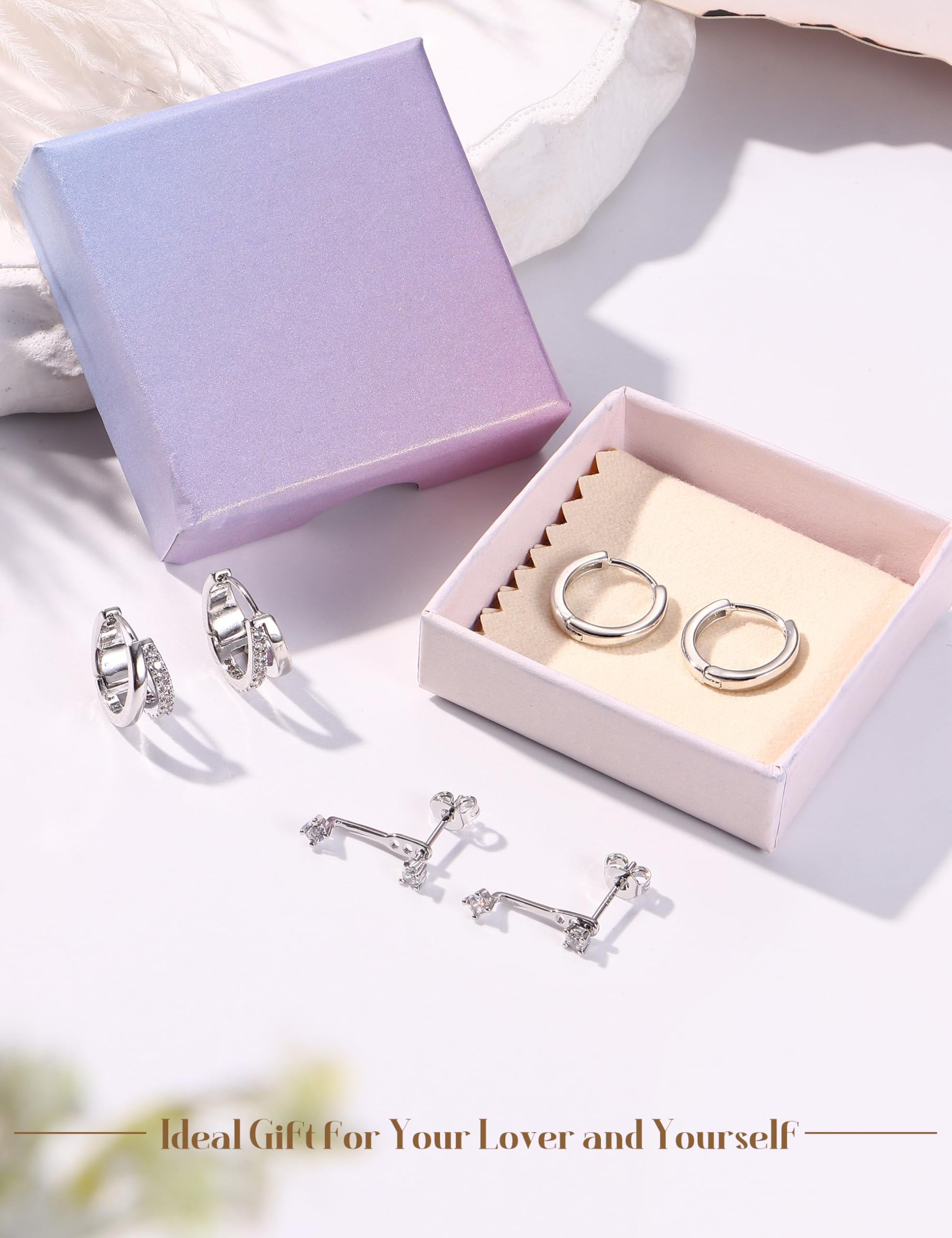 Finrezio 3 Paia Orecchini Cerchio Donna Argento 925 Oro Placcato 14K Huggie Piccoli Orecchini a Bottone Set Anallergici Orecchini a Cerchio Set per Piercing Multipli Argento/Oro