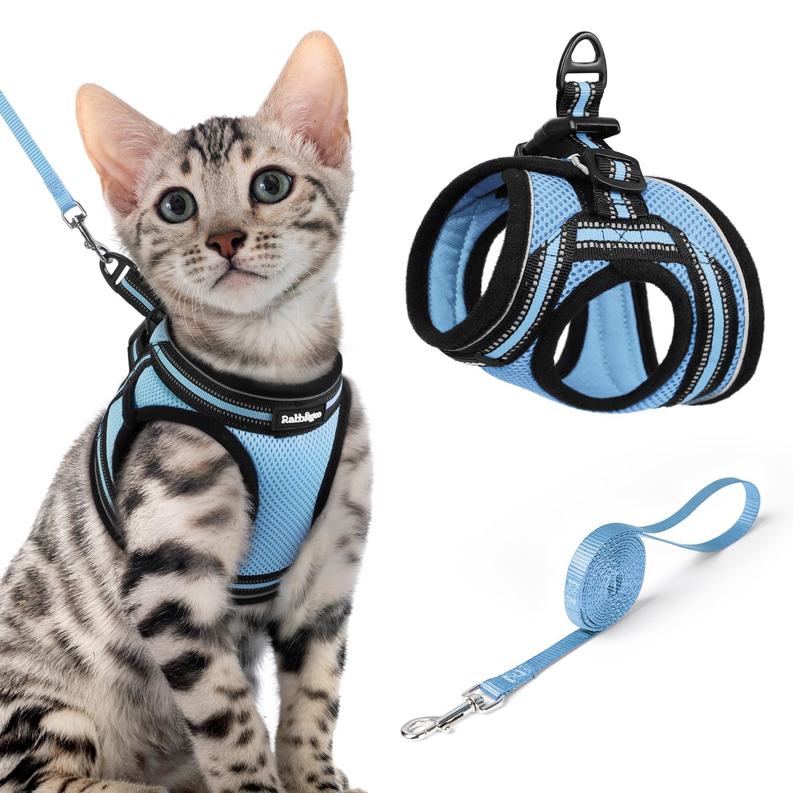 rabbitgoo Cat Harness and Lead Set, Escape Proof Cat Vest with Leash, Soft Comfortable Step-in Kitten Harness, Adjustable and Reflective for Safe Easy Walking, Light Blue, X-Large