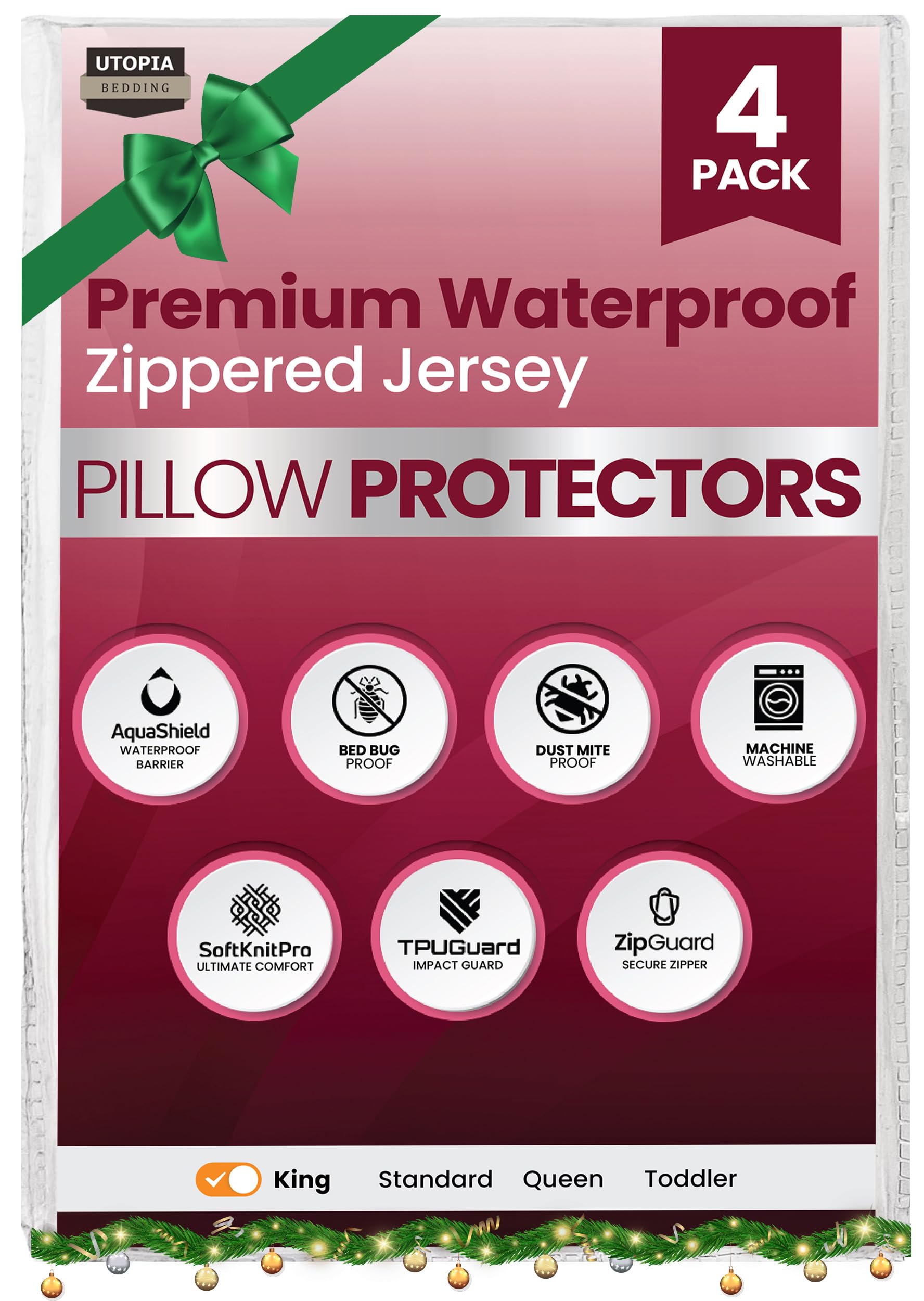 Utopia Bedding Waterproof Pillow Protectors Zippered (4 Pack, White) King Size, Bed Bug Proof Pillowcases, Pillow Encasement Covers 20 x 38 Inches