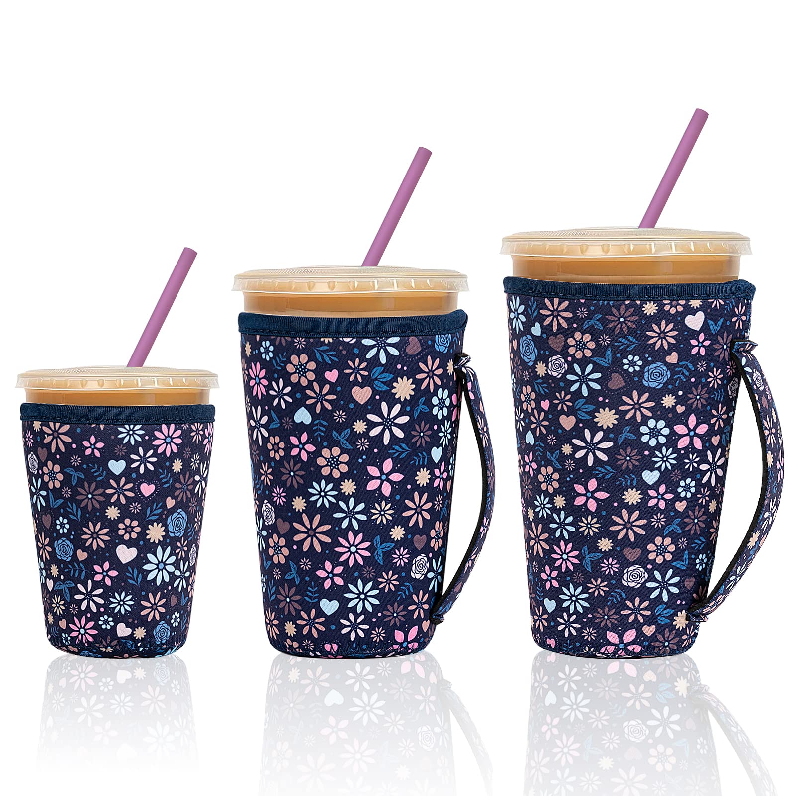 Reusable Iced Coffee Sleeve for Iced Coffee Cups, 3 Pack Insulator Neoprene Cup Sleeve with Handle for Cold Drinks Beverage Compatible with Starbucks Dunkin Coffee and More (Little Flower)