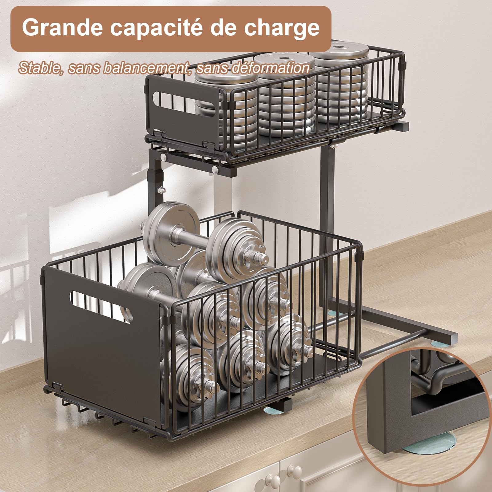 2 Niveaux Rangement Sous Évier,Organisateur Sous Evier Cuisine,Hauteur Réglable Rangement Sous Evier Cuisine,Coulissant Organisateur Sous Evier,pour Cuisines,Bureau, Bain (Noir,1 Pièce)
