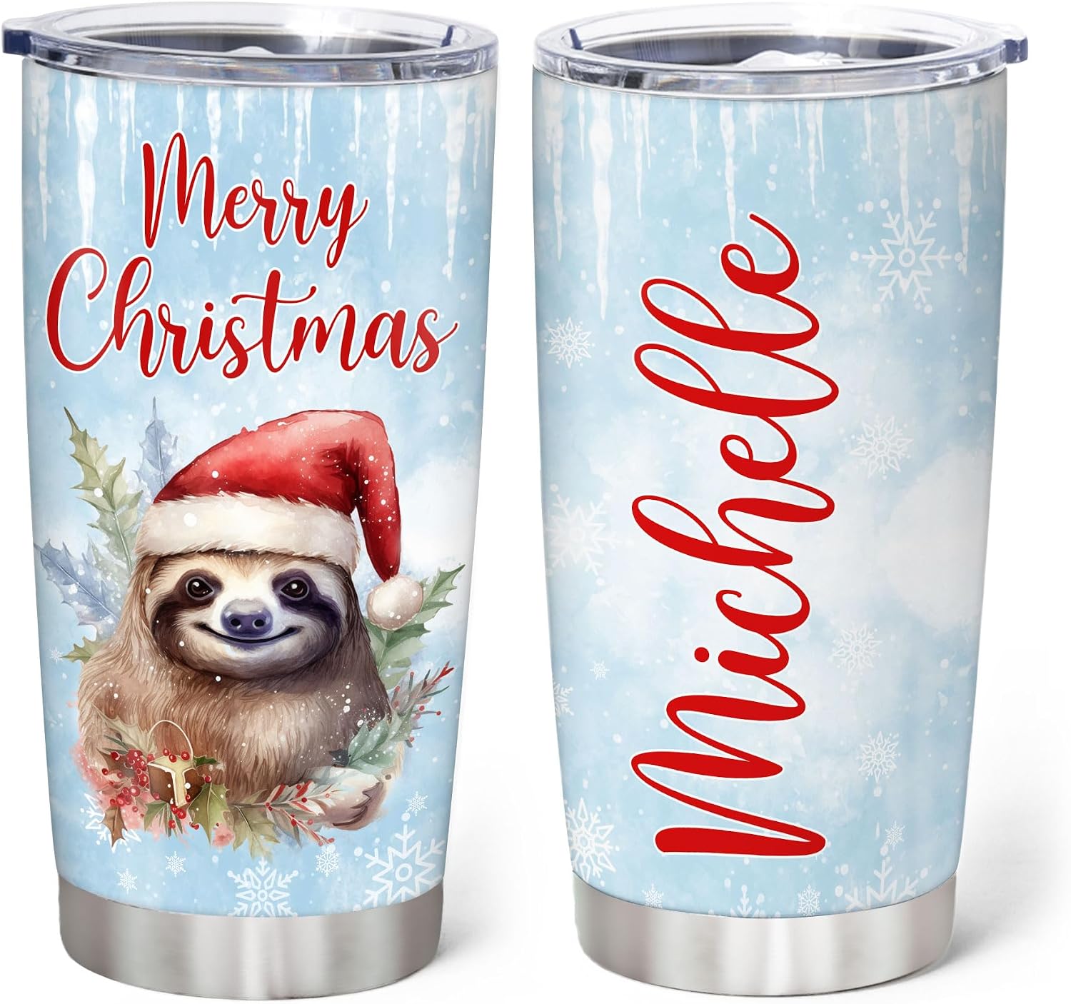 Hyturtle Personalized Gifts Sloth Lover - Sloth Merry Christmas Custom Name Coffee Tumbler Cup Stainless Steel 20oz, Animal Lover Gifts For Women Girl Kids Men On Birthday Christmas