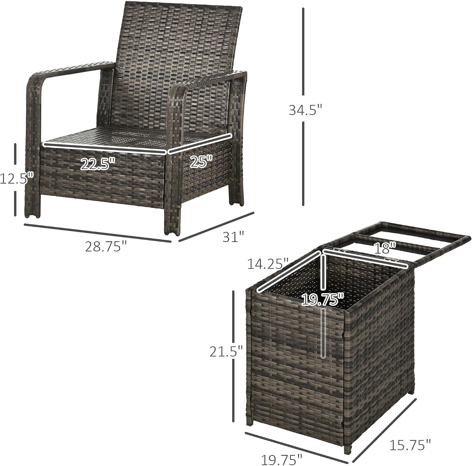 3-Piece Patio Furniture Set with Storage Table and Cushioned Chairs