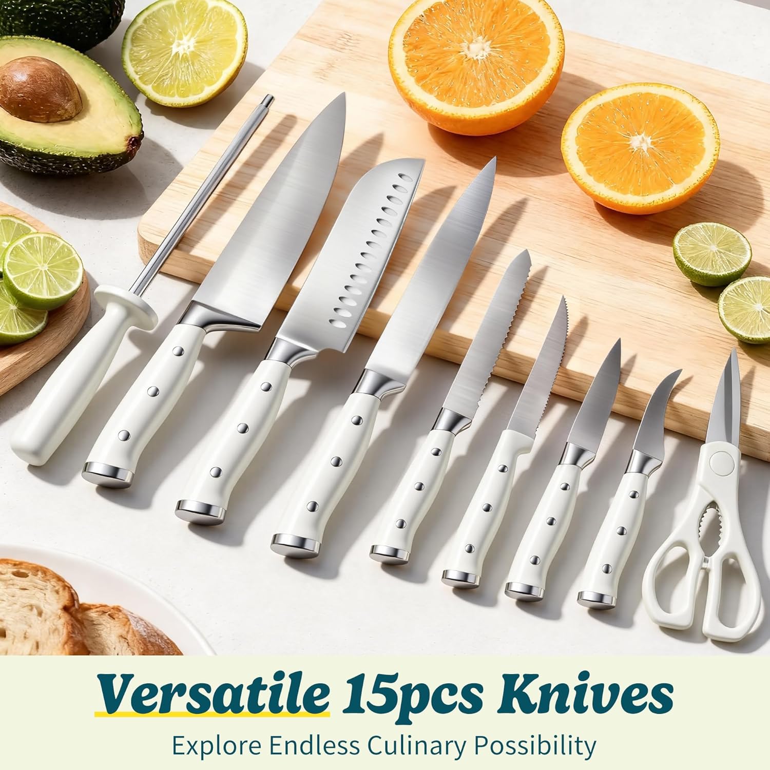 Knife Set, 15 Piece Premium Chef High Carbon Stainless Steel Kitchen Knife Block Set, Razor-sharp, Ergonomic Forged Triple Rivet Handle, Professional Knife Set for Kitchen, Dishwasher Safe(White) - Image 4
