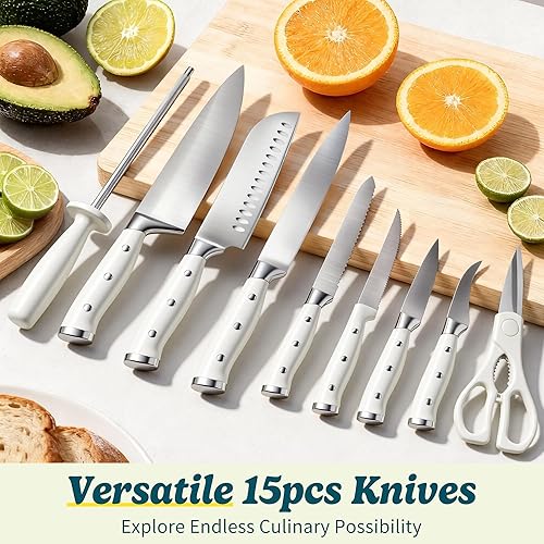 Miniatura 6 de Juego de cuchillos, 15 piezas de cocina de acero inoxidable de alto carbono de alta calidad con bloque de cuchillos, mango forjado ergonómico triple