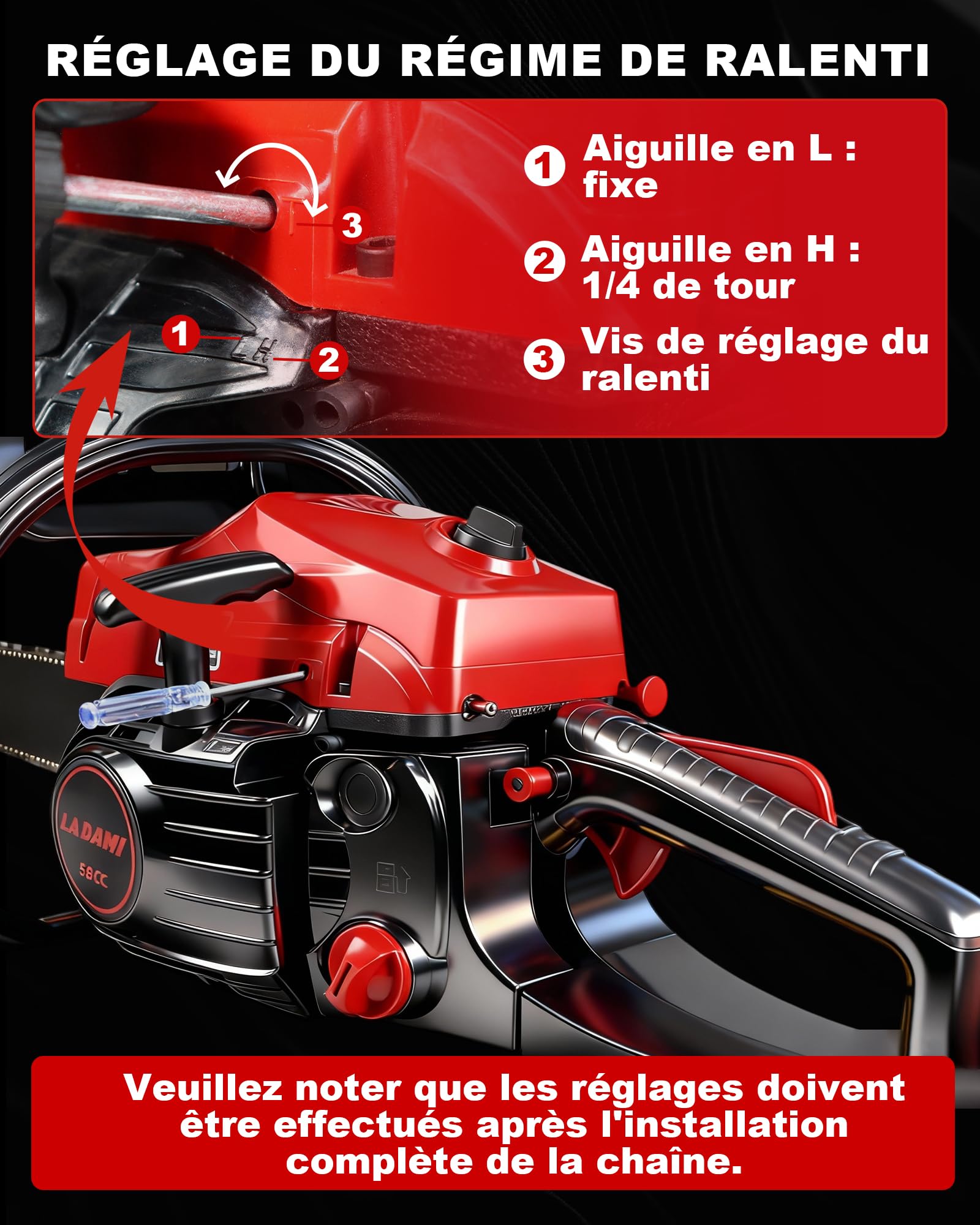 Tronçonneuse thermique 58cm³ professionnelle, moteur 2 temps, 3,5CV, avec guide-chaîne de 50 cm et 40cm, 2 chaînes, idéale pour l'entretien des arbres, l'exploitation forestière et le jardinage