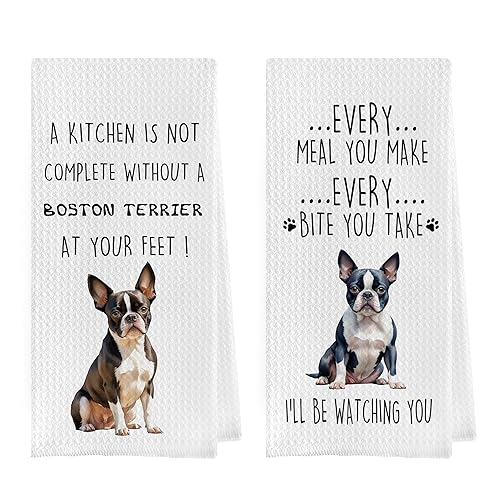Geqtt Boston Terrier Dish Towels Set - Decorative Waffle Weave Kitchen Hand Tea Towels, Funny Gift (1624 Inches, Set of 2)
