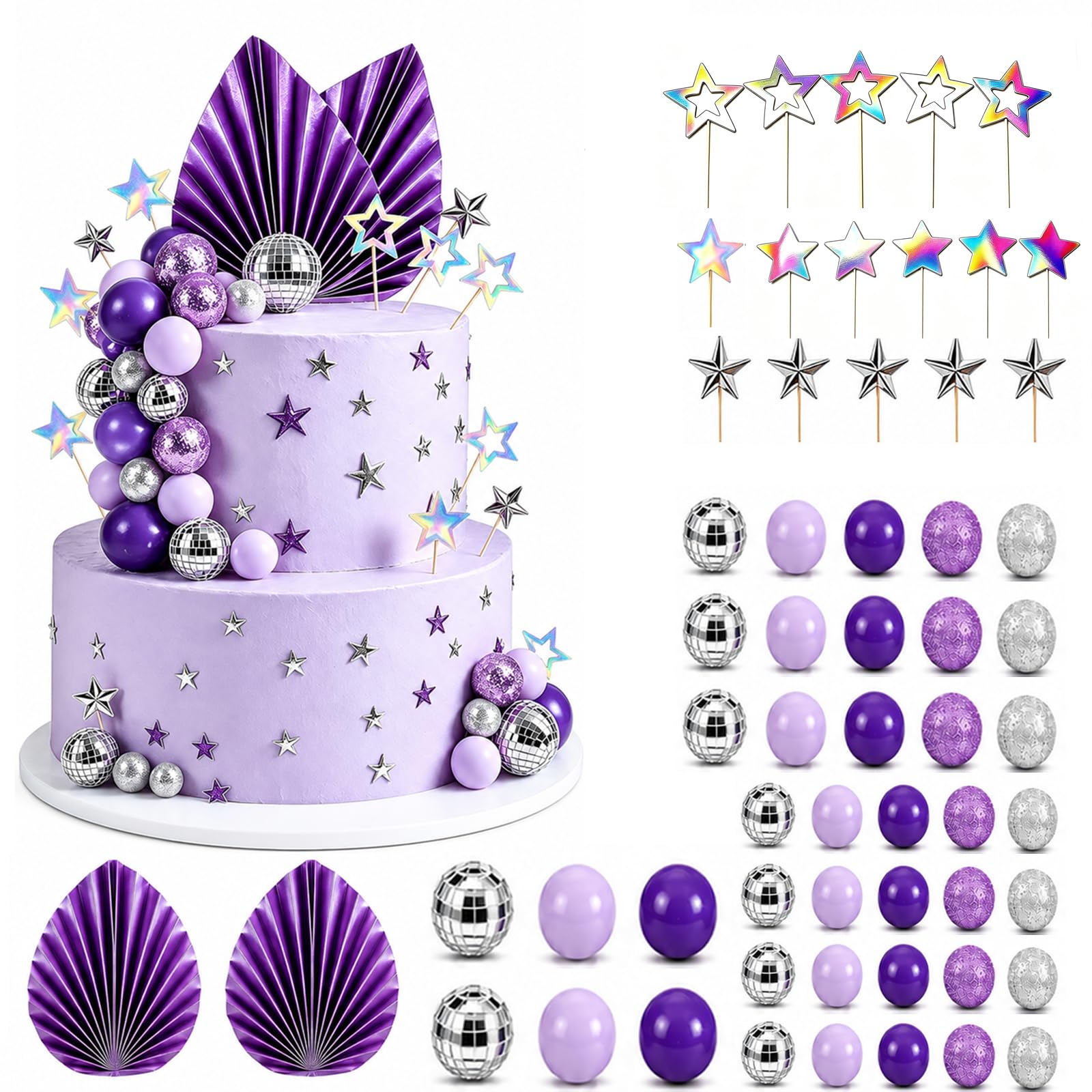 64-Piece disco Ball Cake Toppe Set, Birthday Celebrations Party Supplies