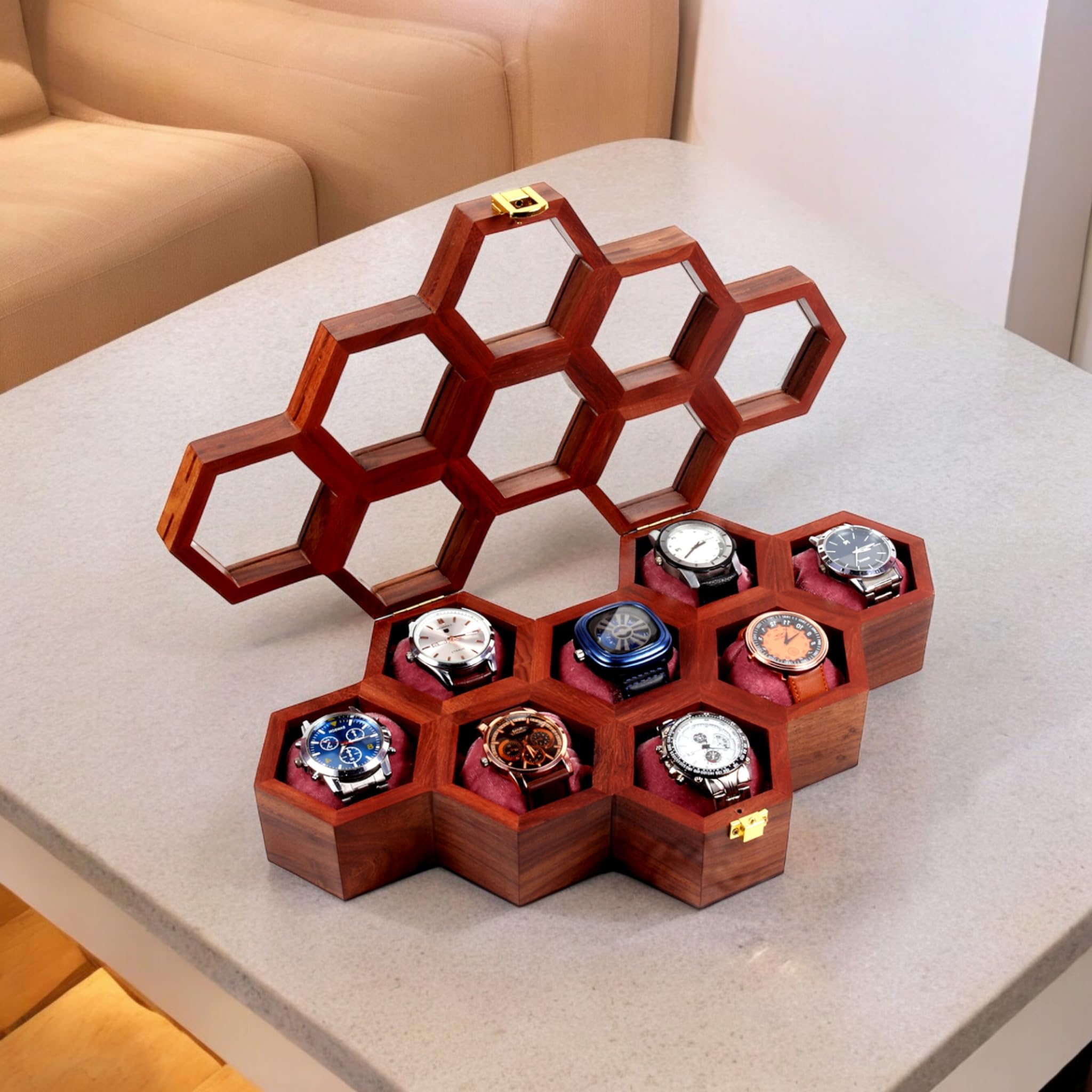 Creation India Craft Wooden Watch Box, Display Case, Organizer, Honeycomb Watch Box, Gift for Him, Handmade Watch Box (8 Groove) (B0DDHJD2L6) Amazon Price History, Amazon Price Tracker