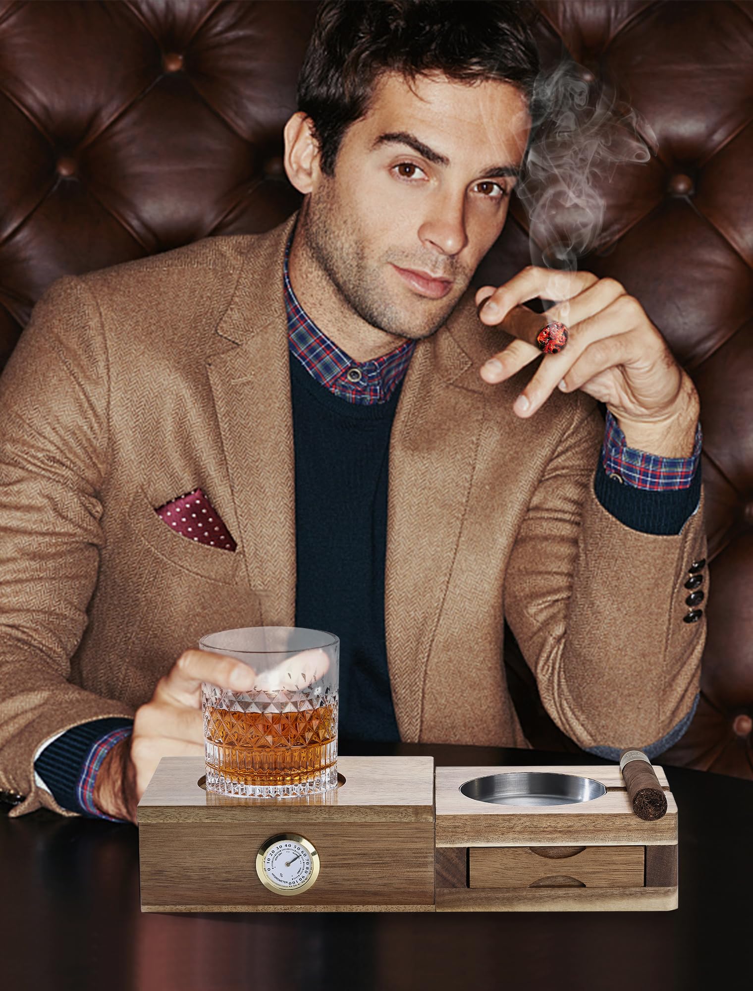 Joyoldelf Set di posacenere per sigari in legno massello, 5 in 1, con supporto per vino, umidificatore per sigari in cedro, posacenere in metallo, fessure, cassetto, accessori per sigari da uomo,