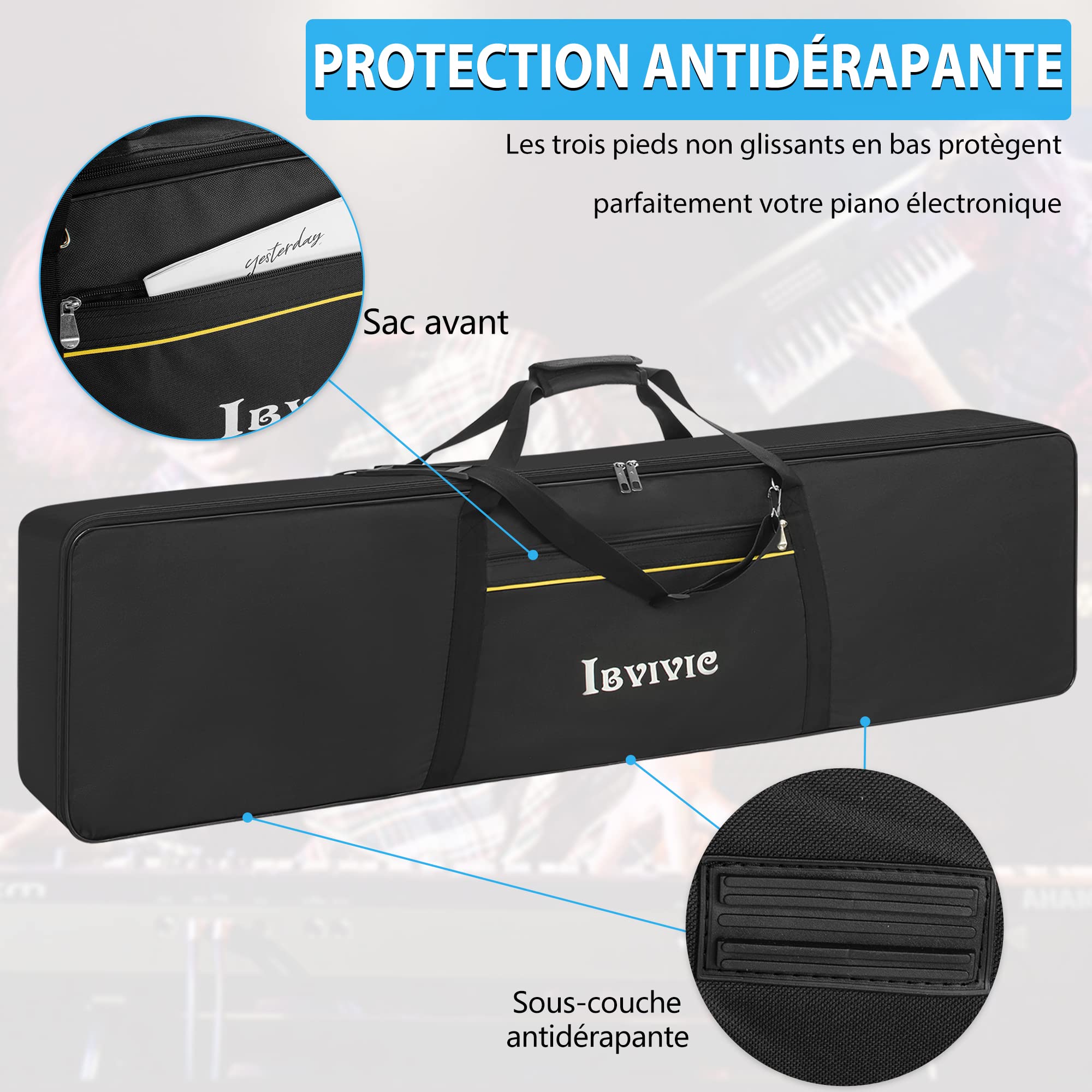 IBVIVIC Housse pour Clavier 88 Touches, 10MM Sacoche de Clavier Piano Electrique, Housse de Protection pour Clavier 88 Touches avec Poignée/Bandoulière de Oxford 600D (Noir)