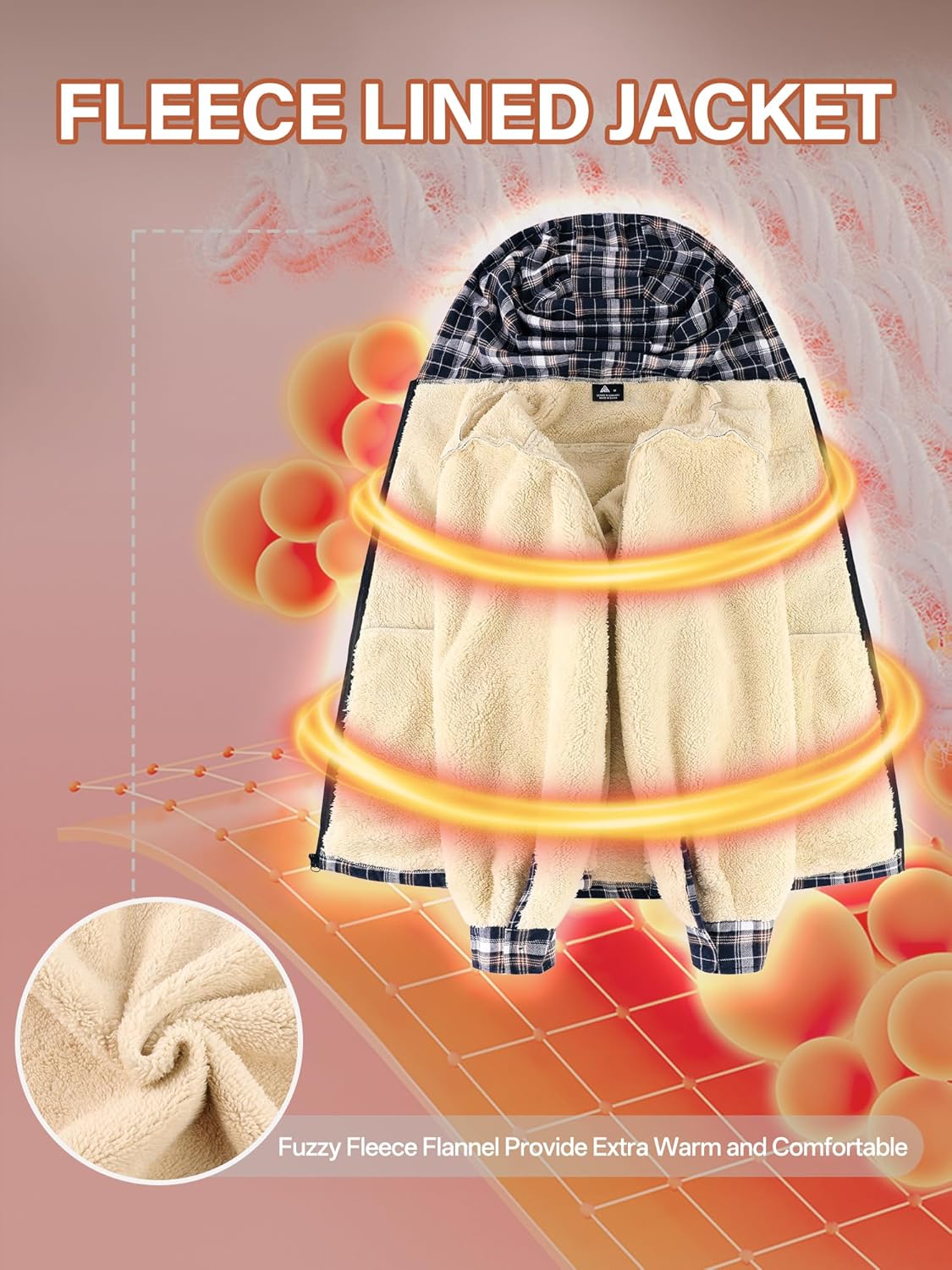 ZITY Mens Cotton Plaid Shirts Jacket Flannel Fleece Lined Hoodies Sherpa Zip Up Hoodie with Pocket - Image 4