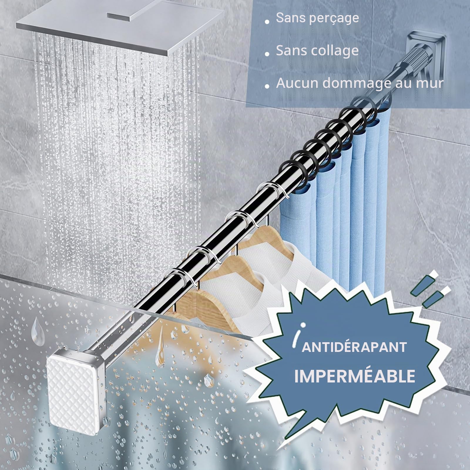 Tringle à Rideaux Sans Perçage 410-500 cm, 360-450 cm, 310-400 cm, Antidérapante, Télescopique, Pour Salle de Bain, Armoire, Fenêtre