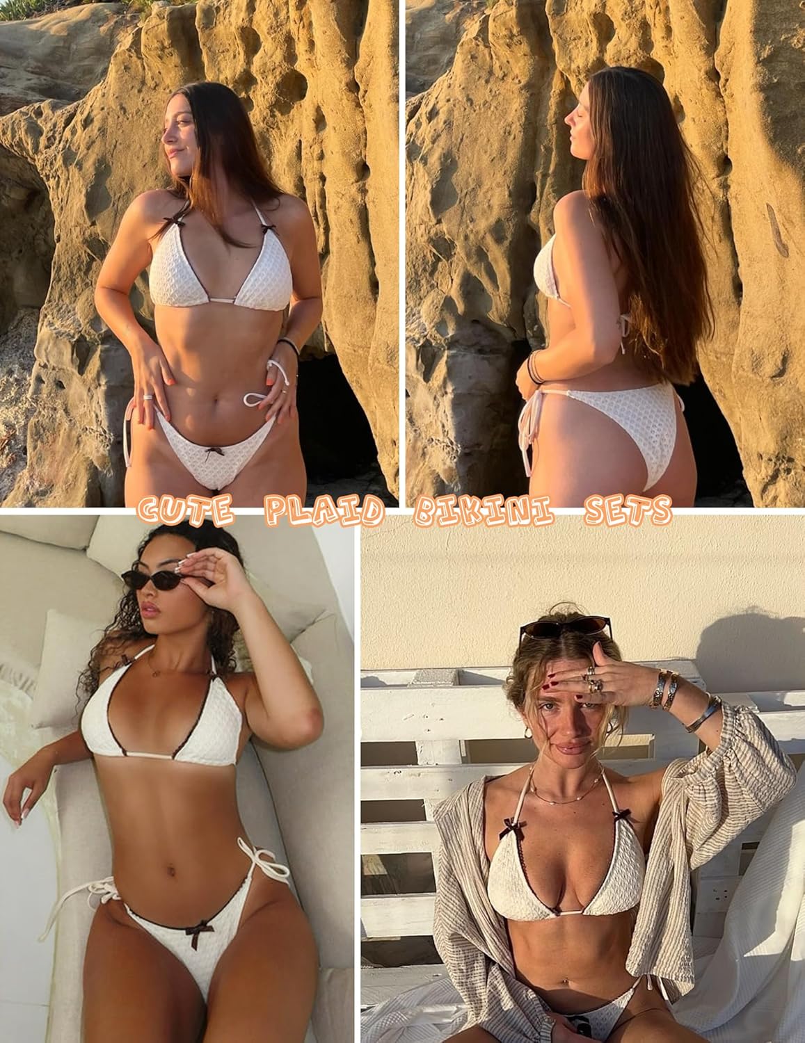 ZAFUL Bikini Sets for Women Halter Two Piece Swimsuit Eyelet Triangle Tie Side Thong Bathing Suit Bowknot Lace Trim Swimwear