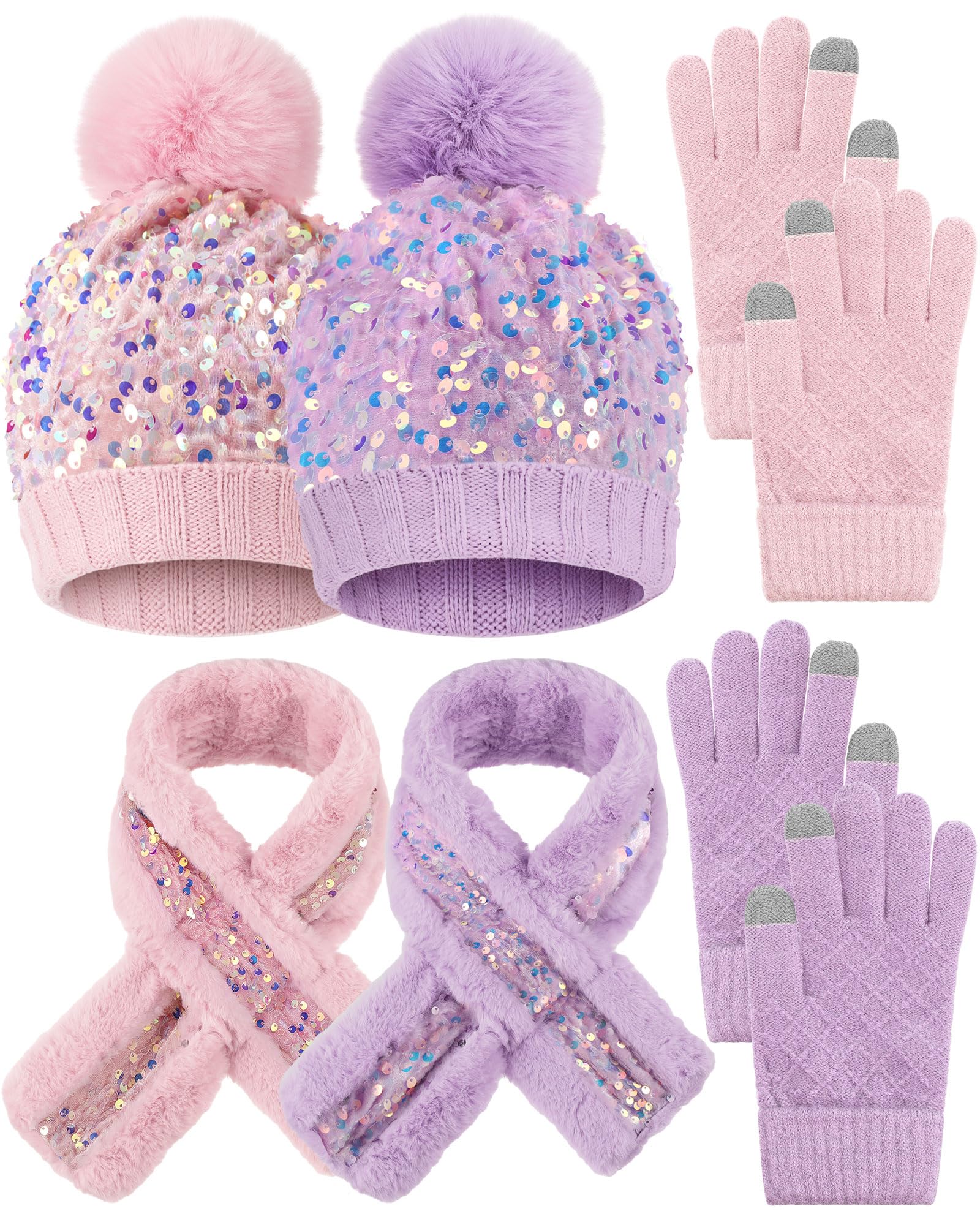 Liitrsh 2 Sets/6 Stück Mädchen Winter Strickmütze Schal Handschuhe Set Warm Fleece gefüttert Pom Pom Hut Schal Handschuhe für Teenager