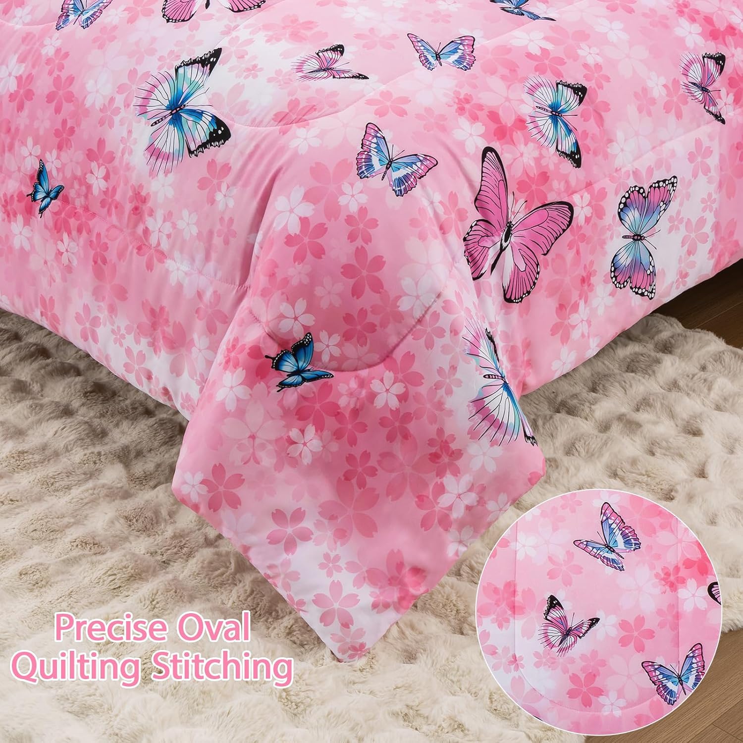 Butterfly Comforter Set Full Size 8 Piece Bed in A Bag Colorful Flowers Leaves Bedding Set for Kids Teens Super Soft All Season - Pink - Image 7