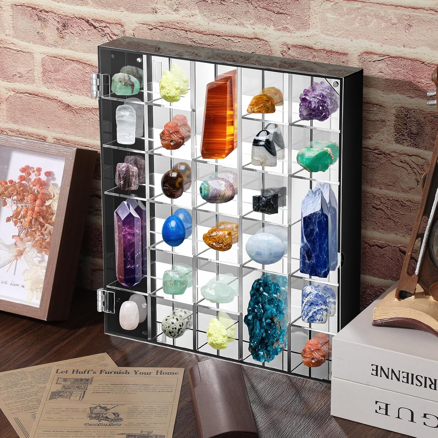 Rock Display Case Adjustable 30 Grids Acrylic Display Case with Mirrored Crystal Organizer for Collectible, Crystal, Stones, Wall Mountable, Magnetic Door (Black Border, Square)