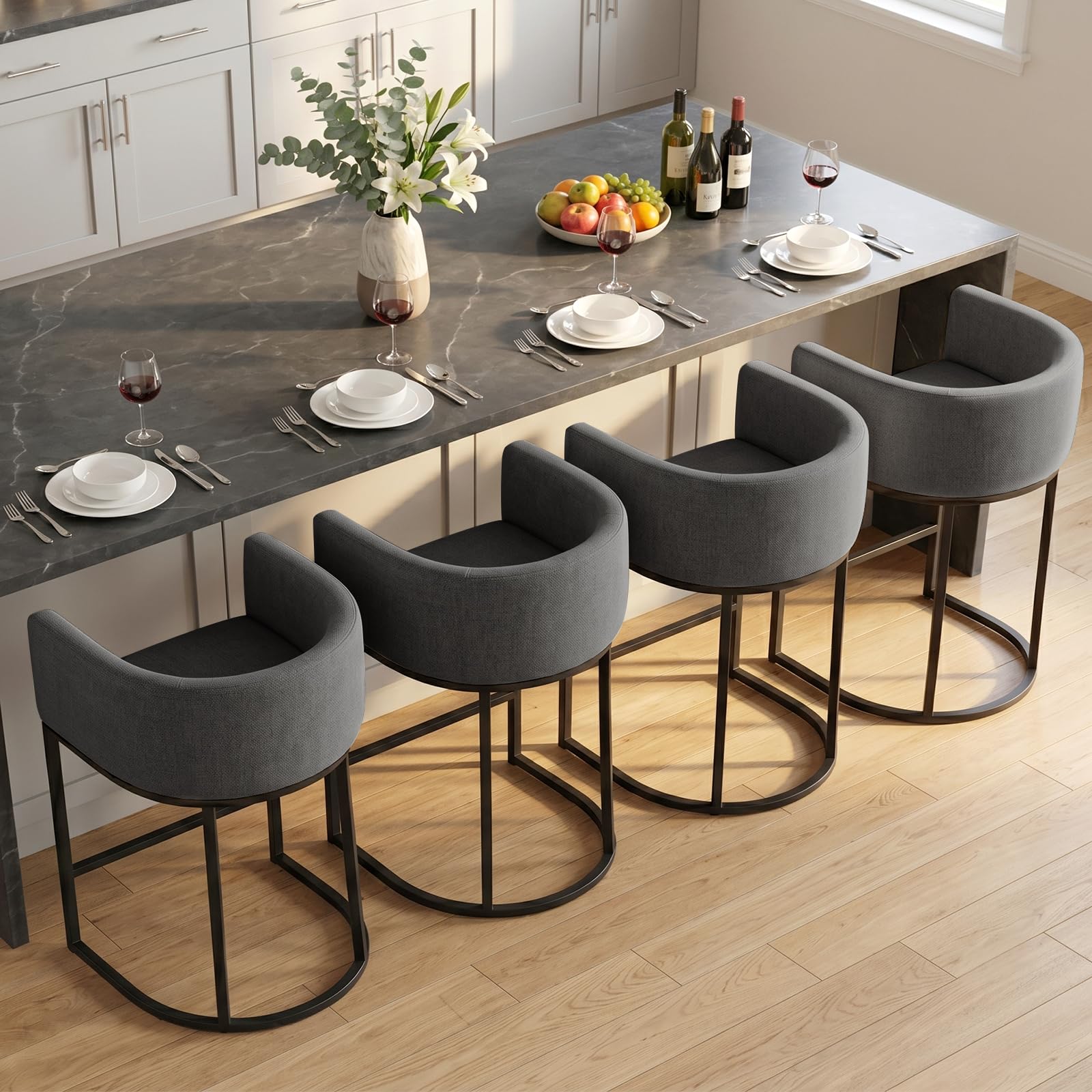 Counter Height Bar Stools Set of 4, 24 Inch Seat Height Barstools for Dining Room, Fabric Upholstered Bar Chair for Kitchen Island, Linen Counter Stools with Metal Legs, Carbon Black