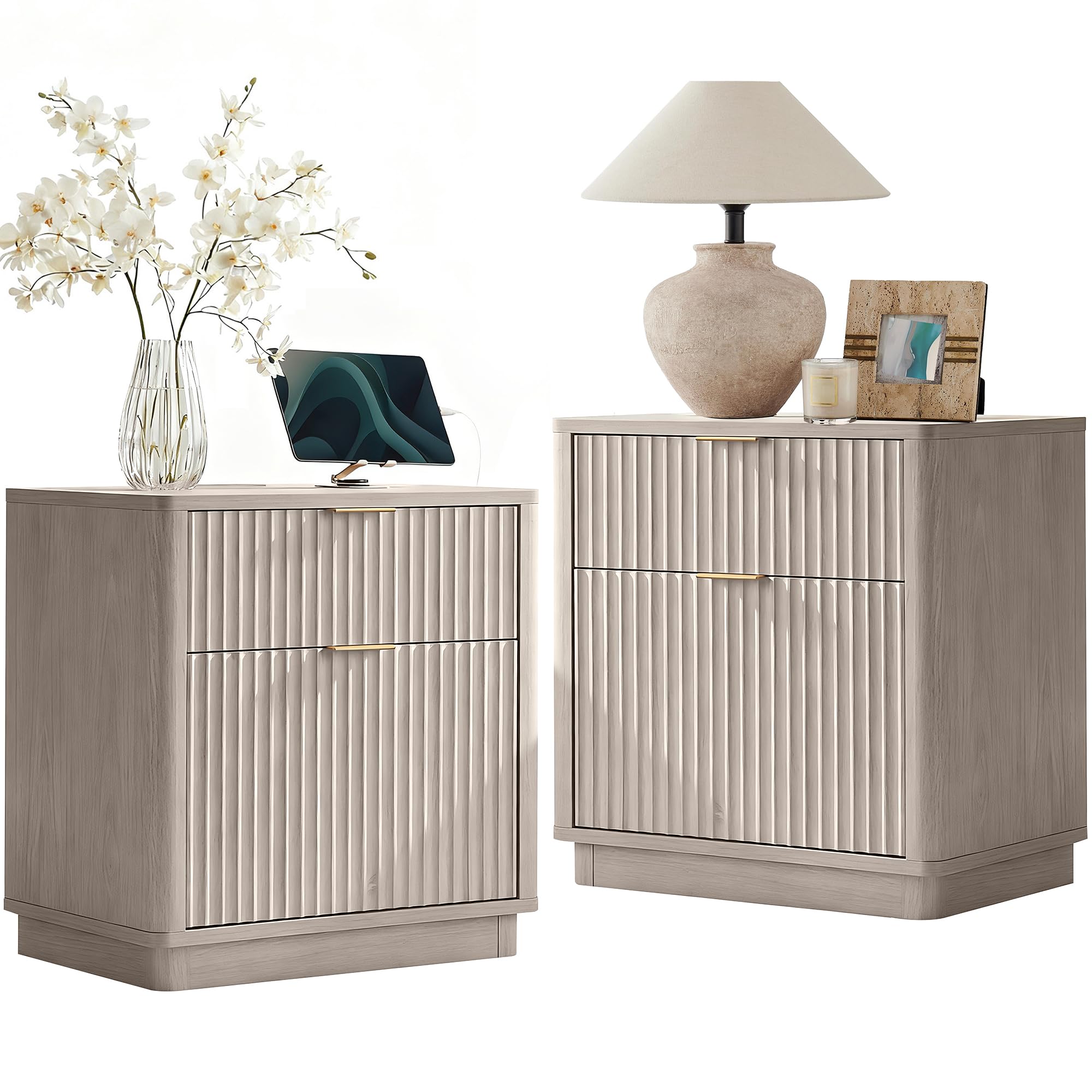 T4TREAM 23'' Fluted Nightstand Set of 2 with Charging Station