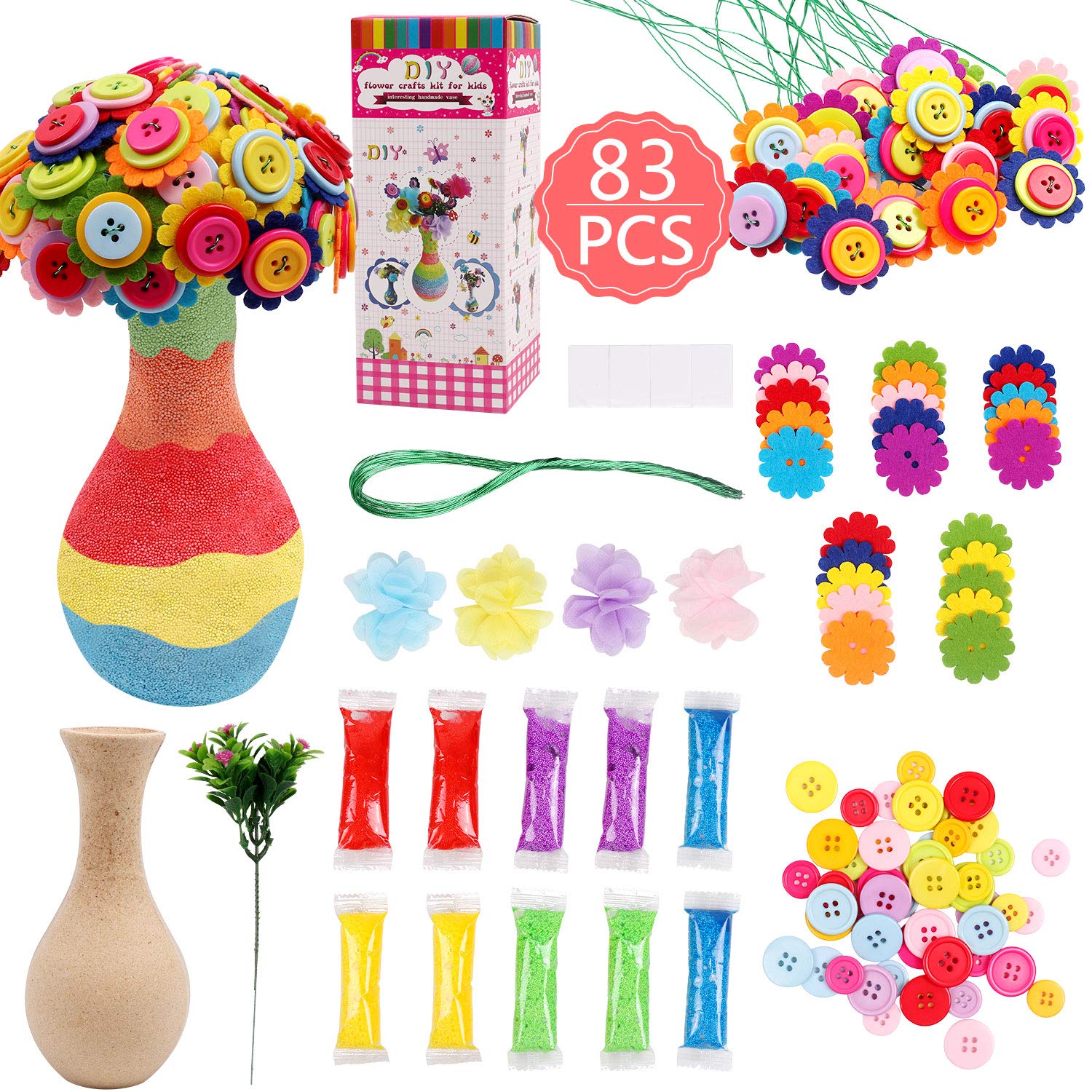 DIY Vase with Flowers Craft Kit for Kids, Make Your Own Flower Bouquet by Buttons and Fabric, Crafts and Art Set Gift for Girls Boys Age 4 5 6 7 8 9 10 12 Years Old