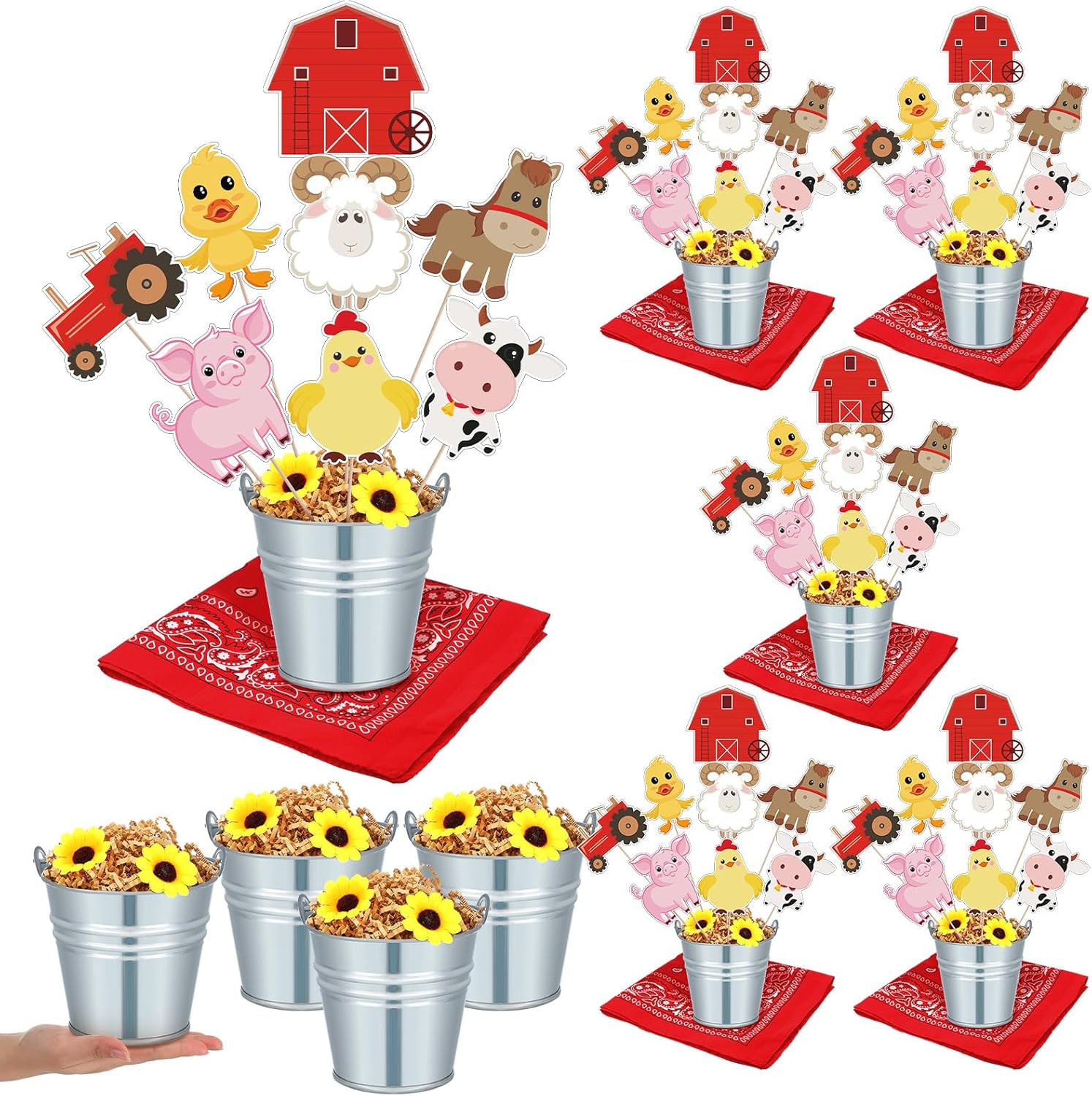 125 Pcs 6 Sets Farm Animal Party Decorations Centerpiece for Tables La Granja De Zenon Farm Birthday Party Supplies Baby Shower Table Toppers with Metal Buckets Cards