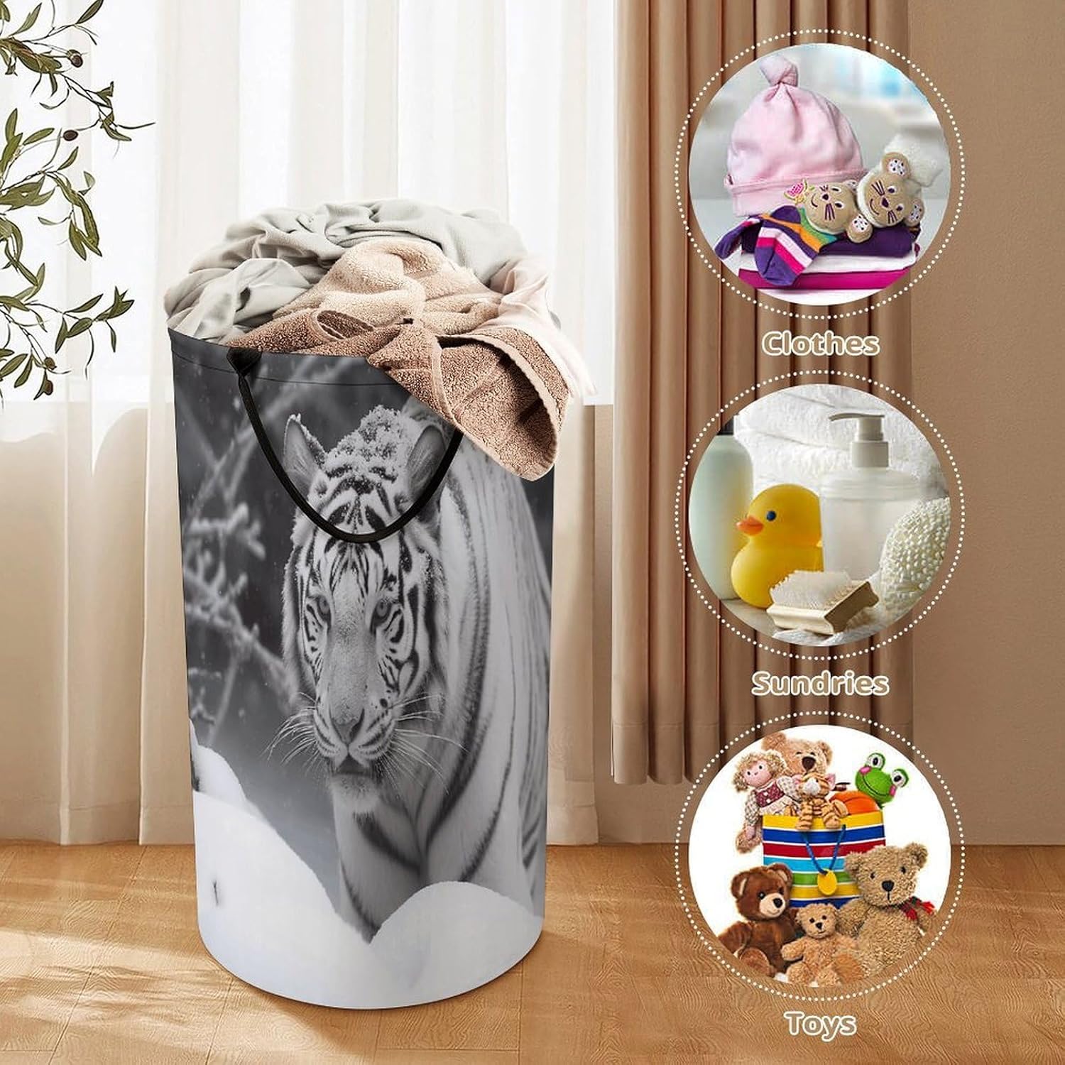 White Tiger in The Snow Laundry Hamper Large Collapsible Laundry Basket with Handles Waterproof Clothes Hamper Portable Dirty Clothes Basket for Bedroom Laundry Room Closet Bathroom