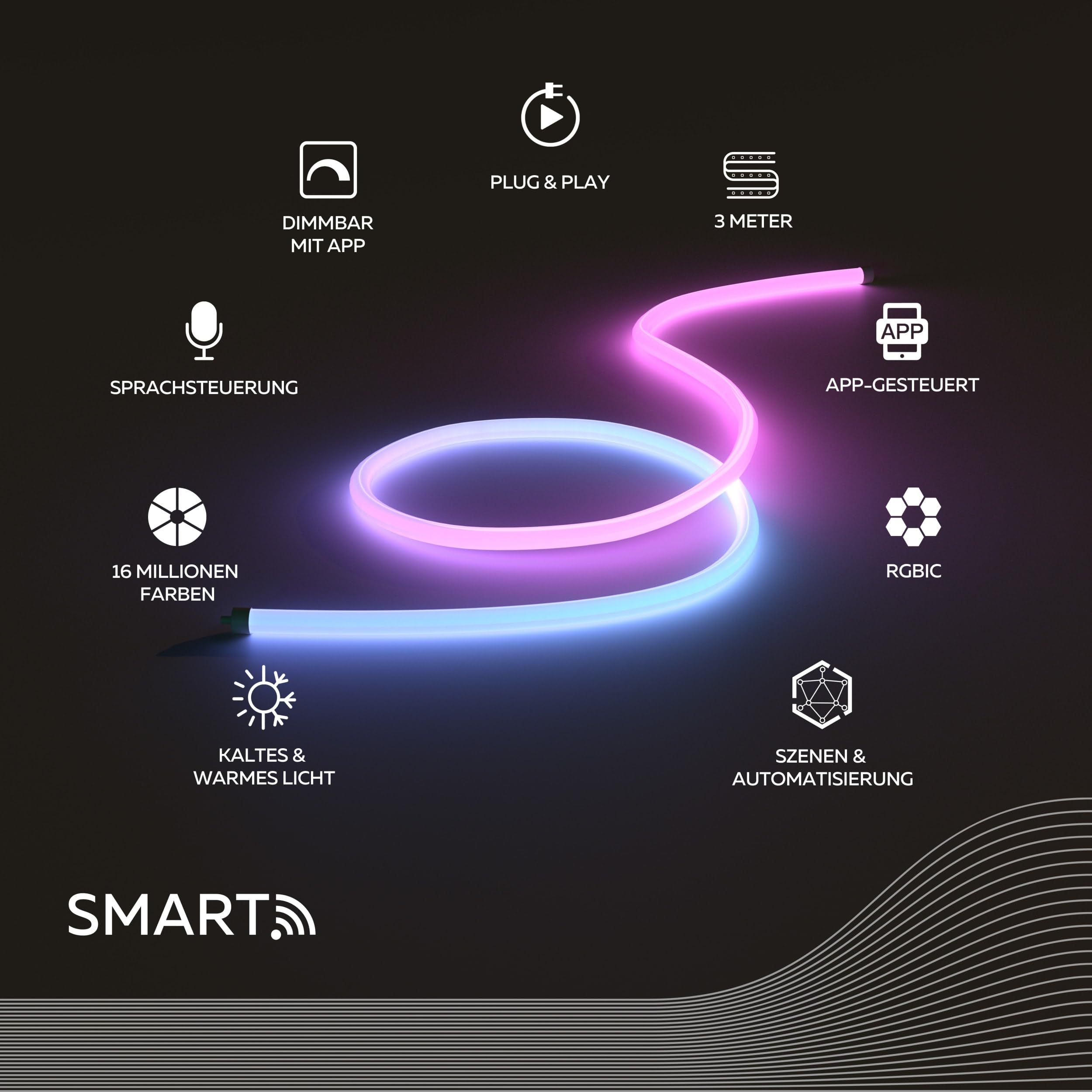 CALEX Smart Neon LED Streifen, 3 m, RGBIC-Farben, dimmbar, WLAN App- & Sprachsteuerung