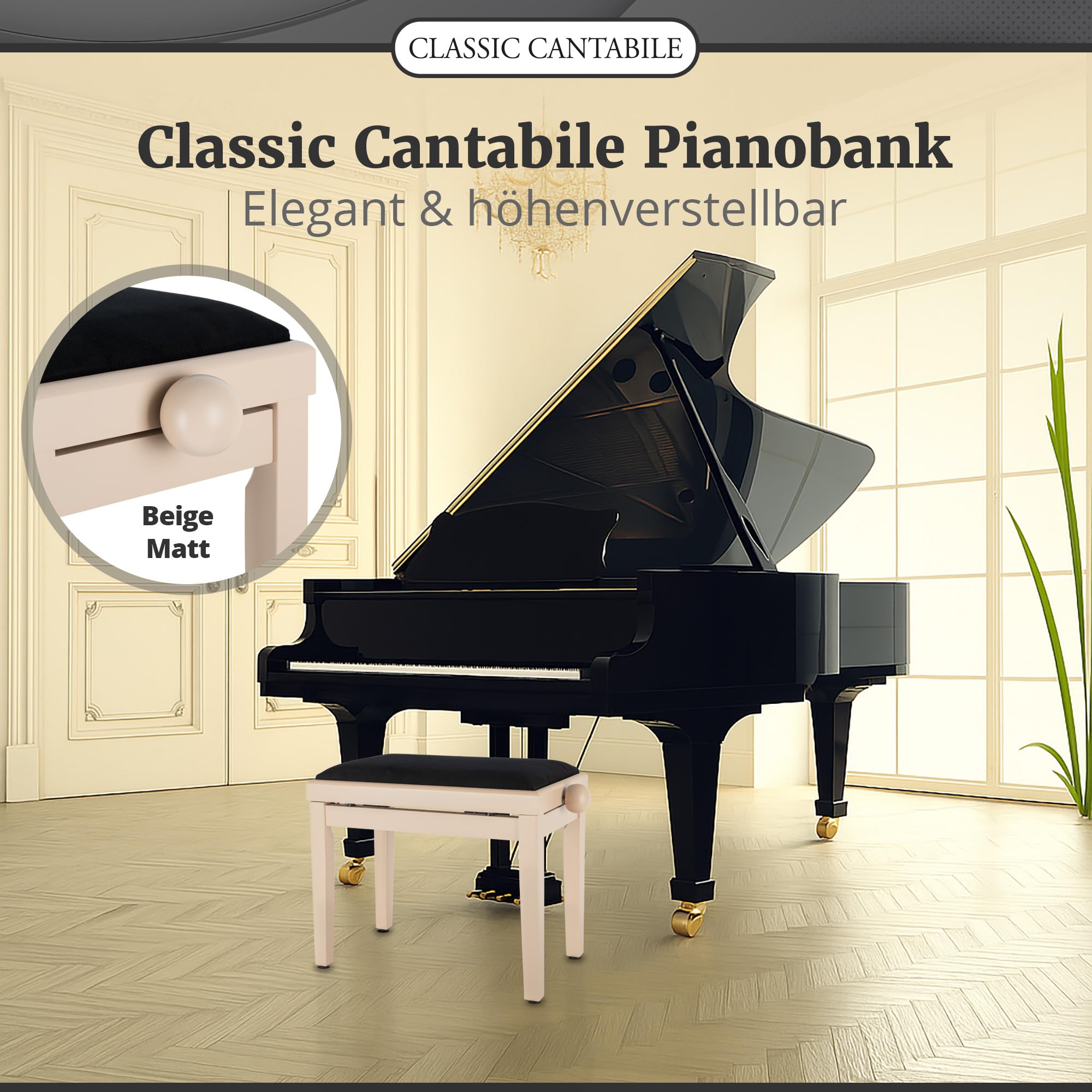 Classic Cantabile banqueta para Piano en Color Blanco Crema Mate