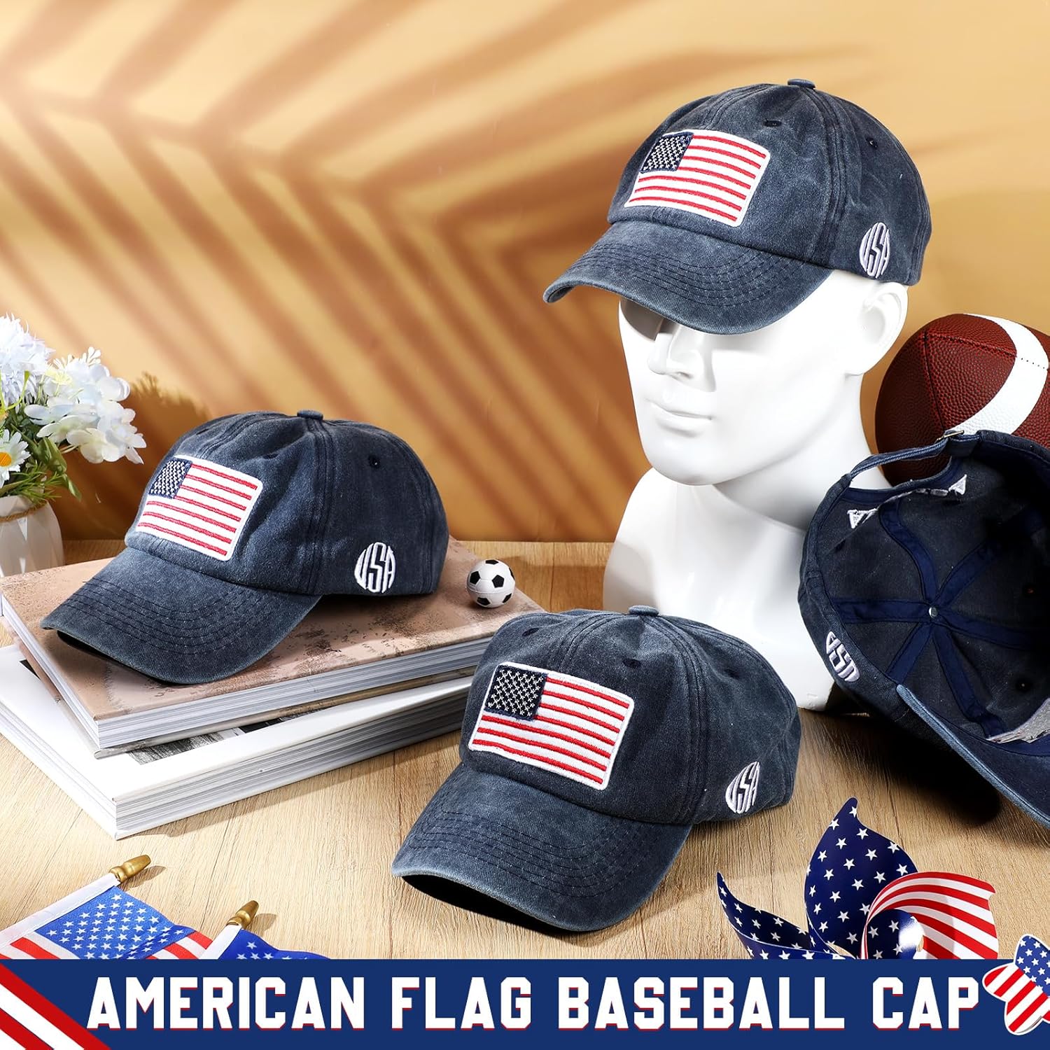 Geyoga 4 Pcs American Flag Baseball Caps USA Patriotic Pride Hats Washed Distressed US Flag Cotton Hats for Men Women Teens - Image 4