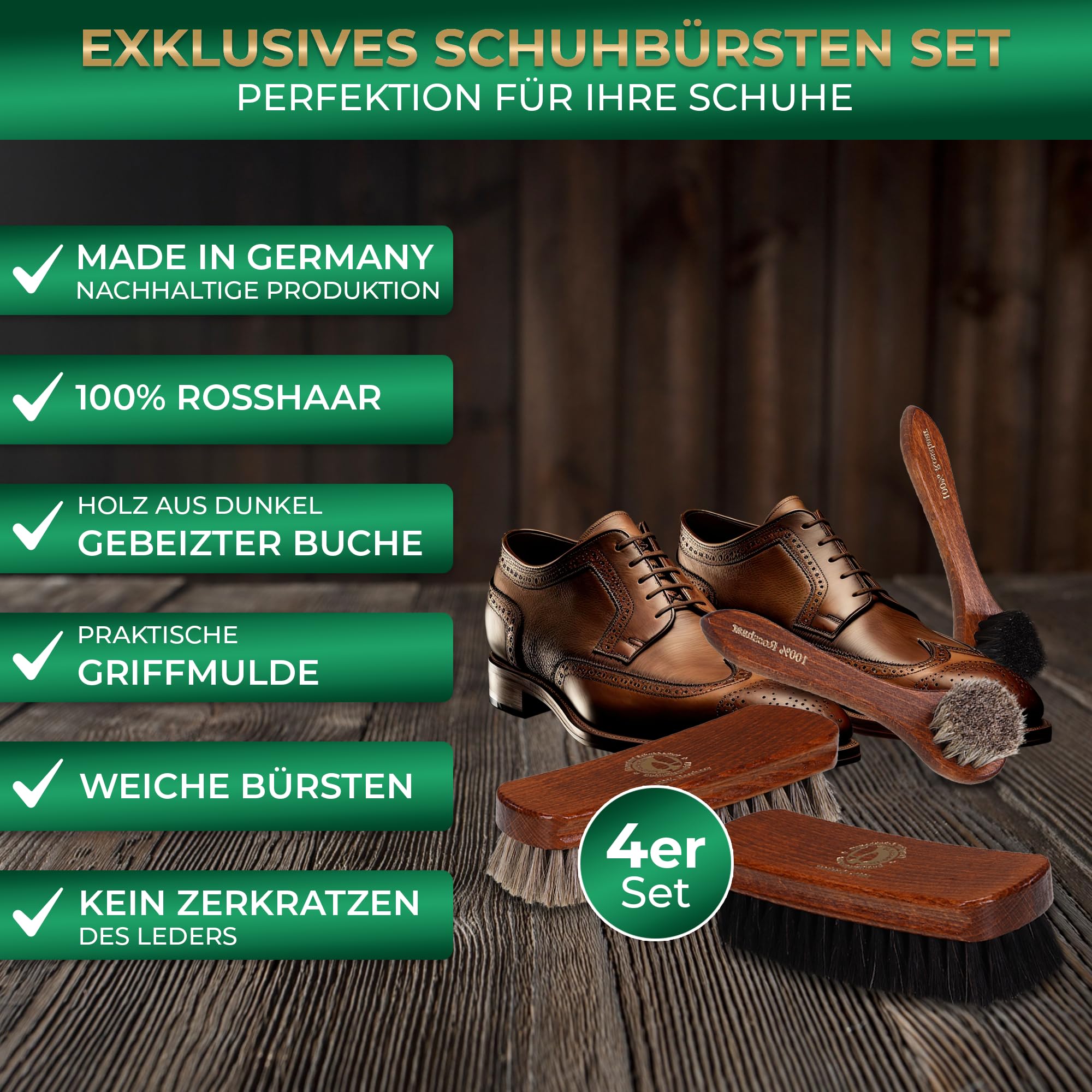 Langlauf Schuhbedarf Rosshaar Schuhpflege Set – Premium Schuhbürsten Set aus lackiertem Buchenholz – Polierbürsten & Auftragsbürsten aus echtem Pferdehaar – Made in Germany (4)